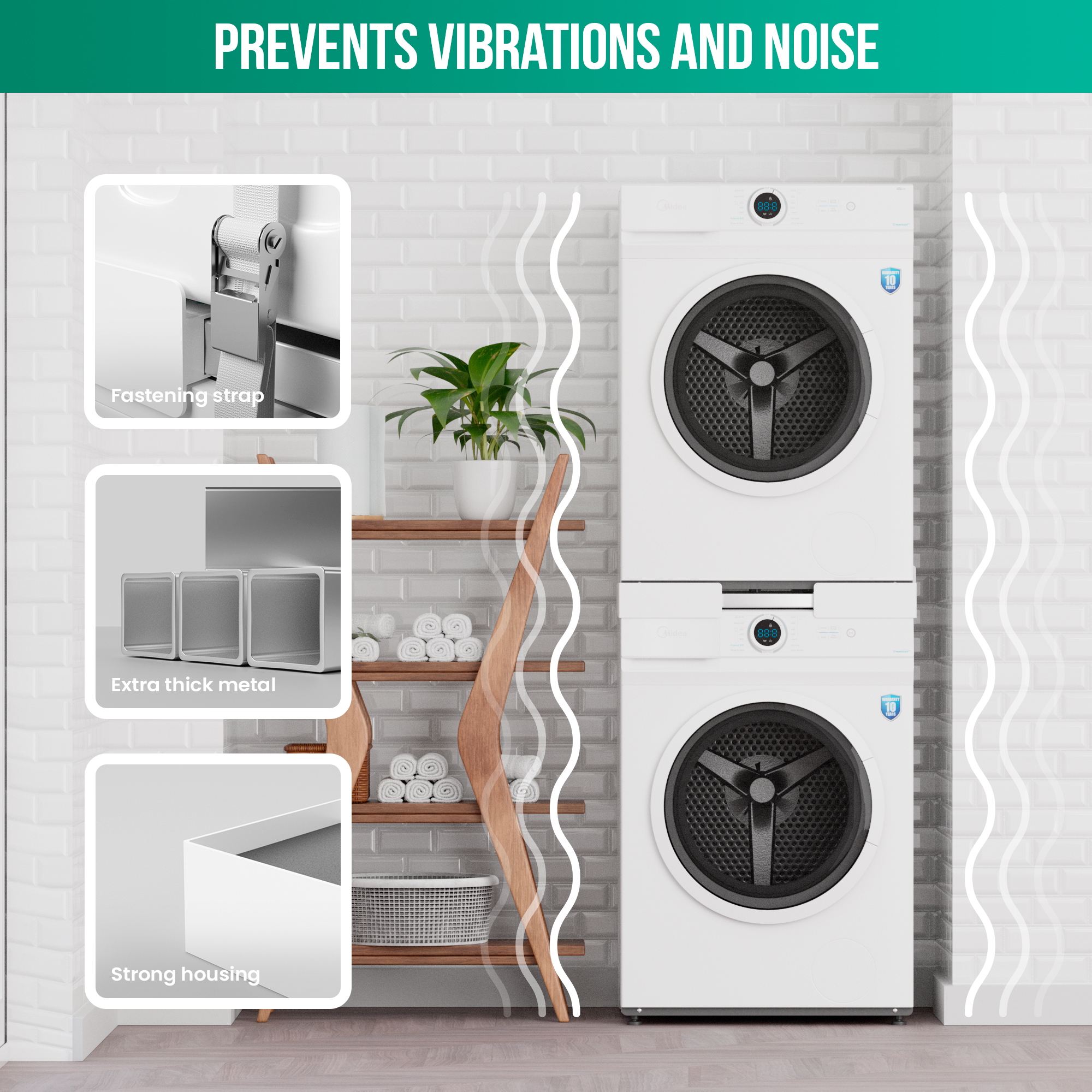 Image shows a stacked washer and dryer, with detail shots of features like fastening straps and extra thick metal.