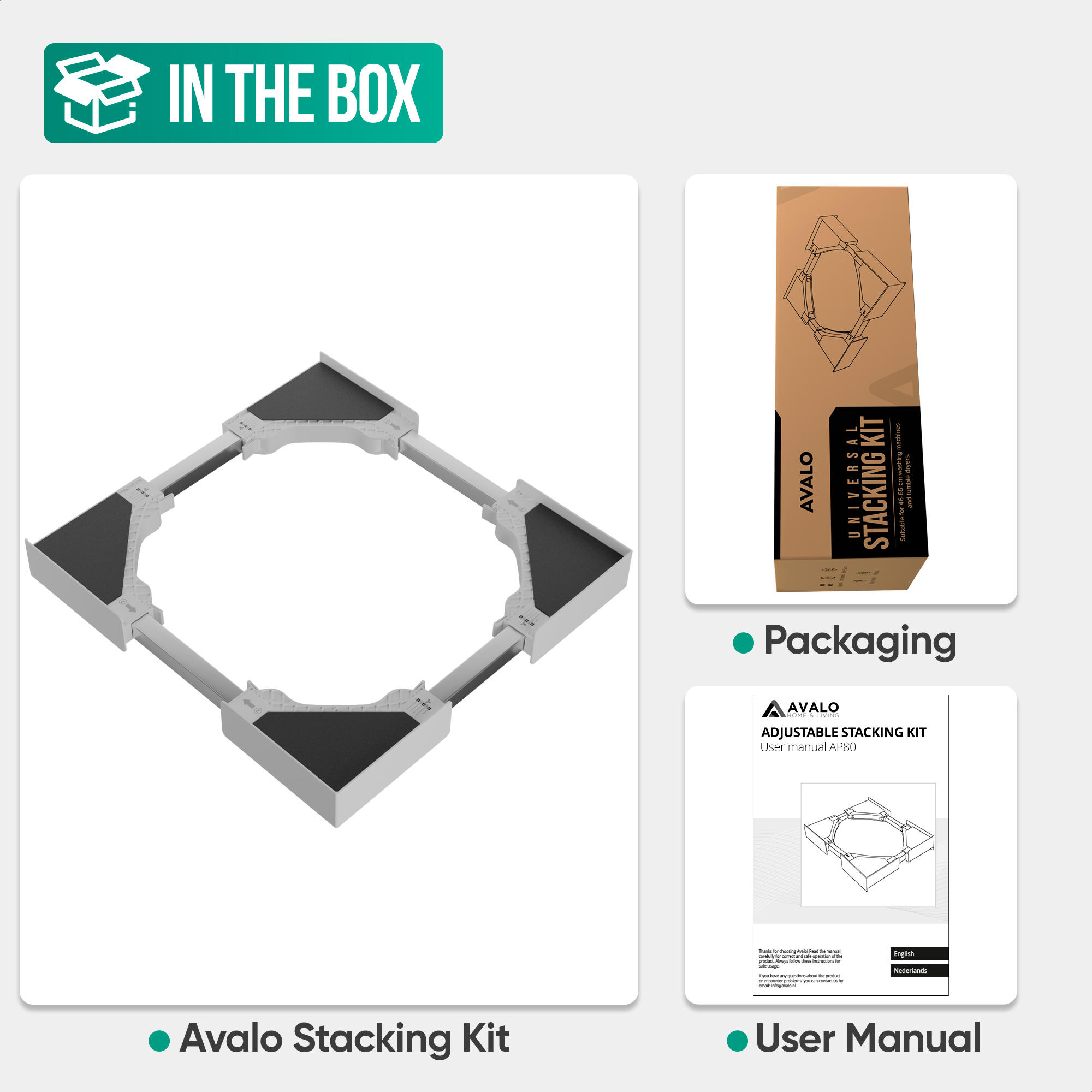 The image shows an Avalo stacking kit, packaging, and a user manual. All items are on a white background.