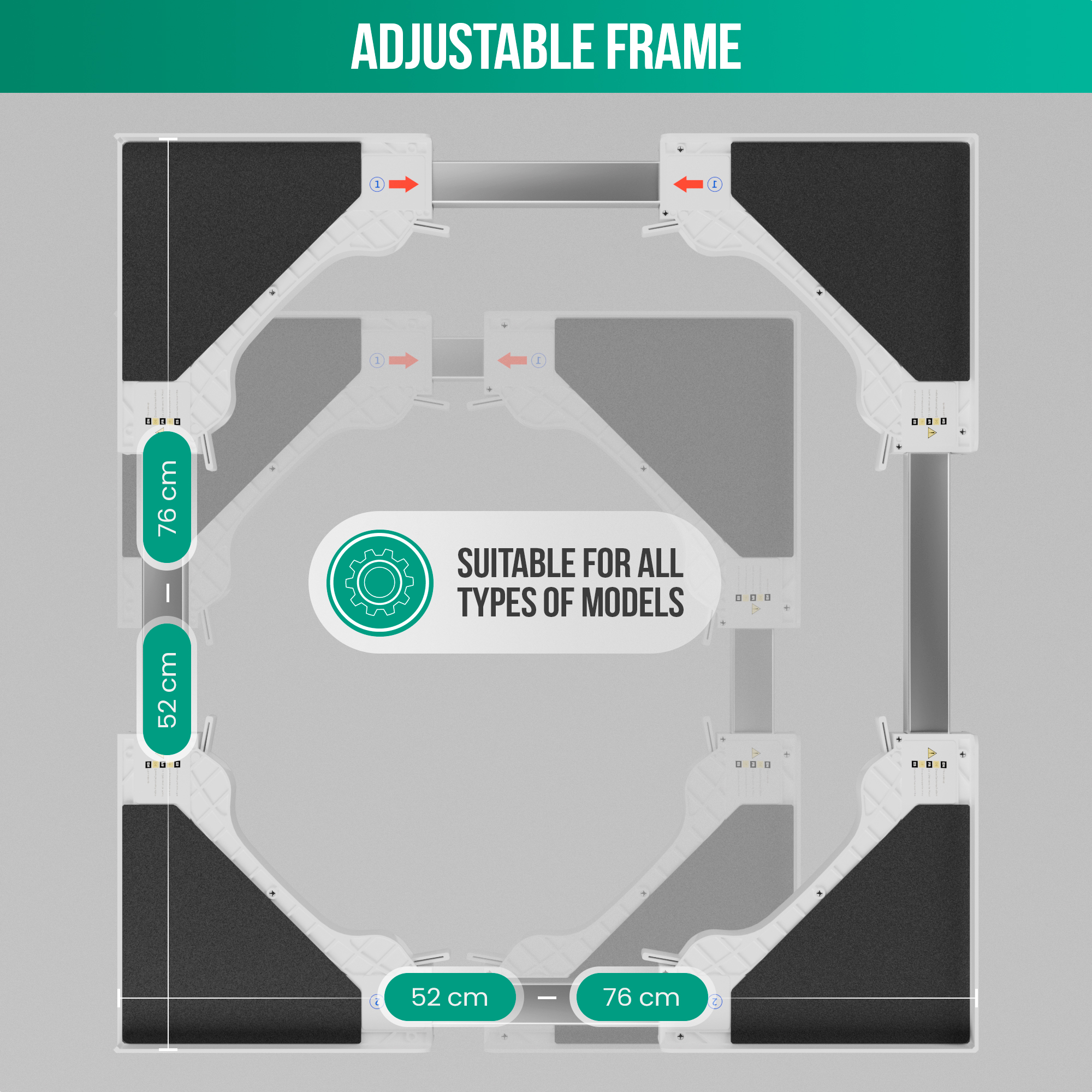 Top-down view of an adjustable frame. It has black pads in corners. Dimensions 52cm-76cm are noted, with arrows and text.