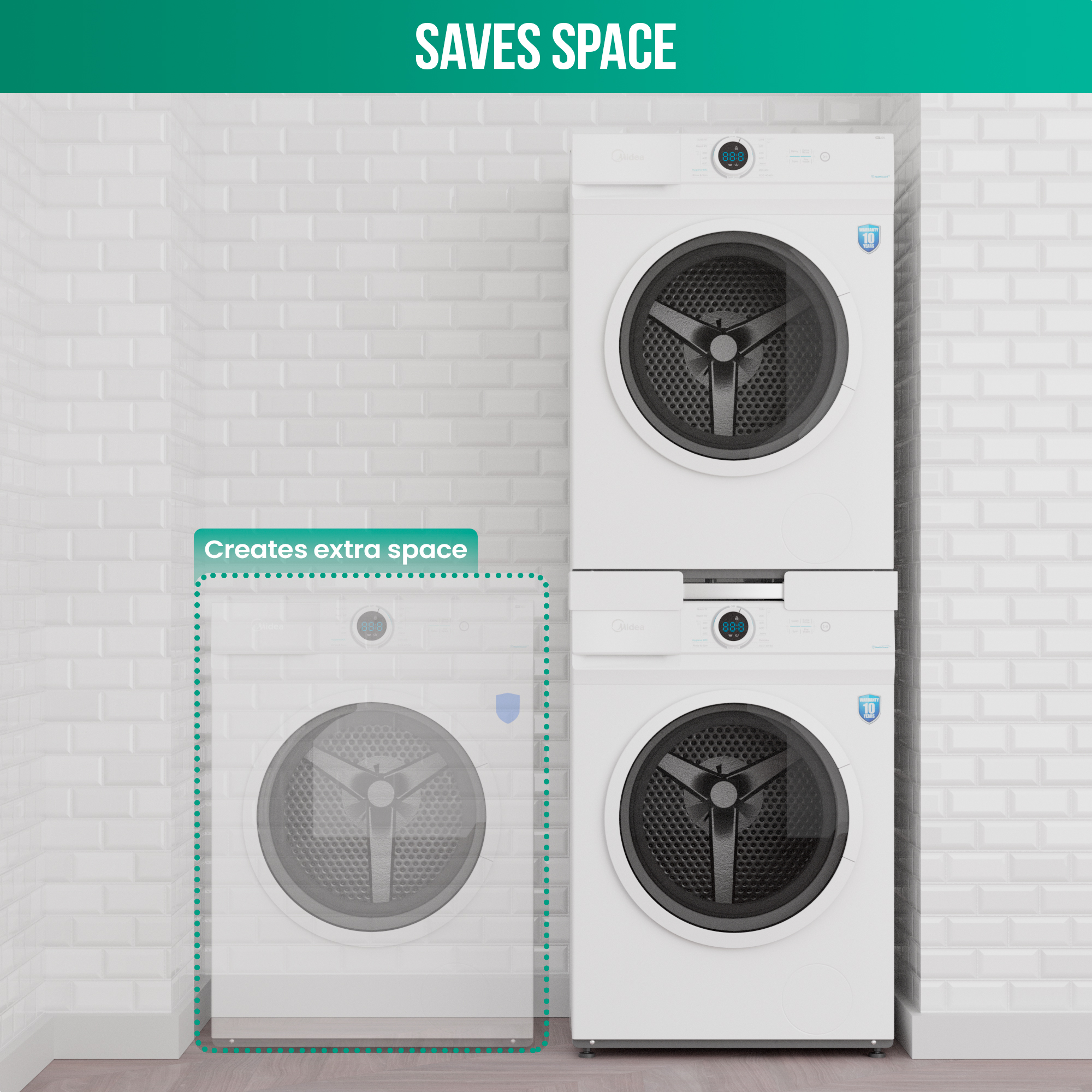White stacked washing machines, one with the text 'Creates extra space' next to it, against a white brick wall.