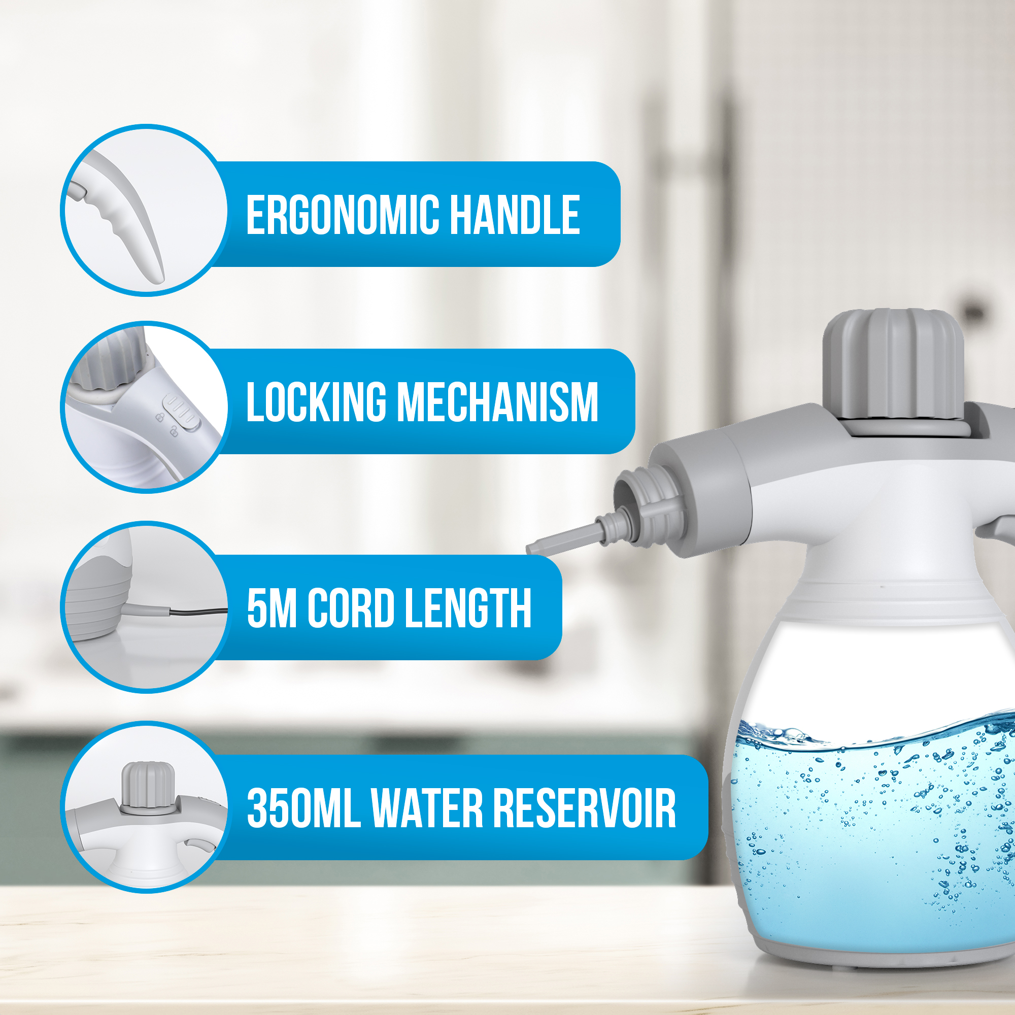 Ein weißer und grauer Dampfreiniger mit blauem Wasser. Zu den Merkmalen gehören ein ergonomischer Griff, ein Verriegelungsmechanismus und ein 5 m langes Kabel.