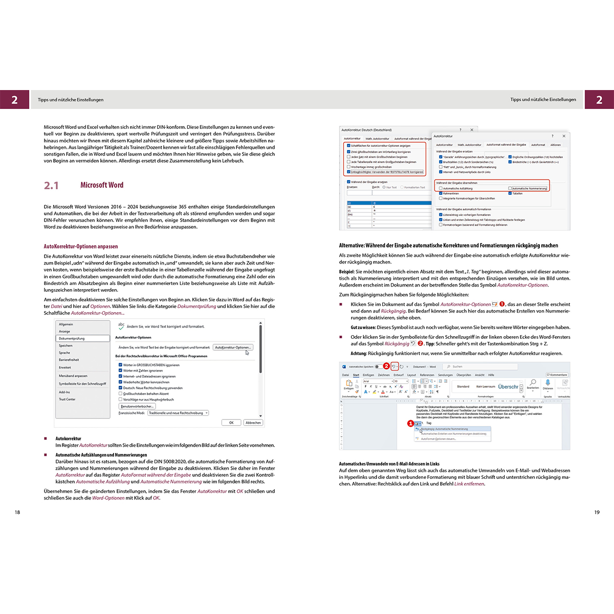 Ein Microsoft Word-Dokument mit Text und Screenshots. Der Text erklärt die Verwendung der Autokorrektur-Optionen.