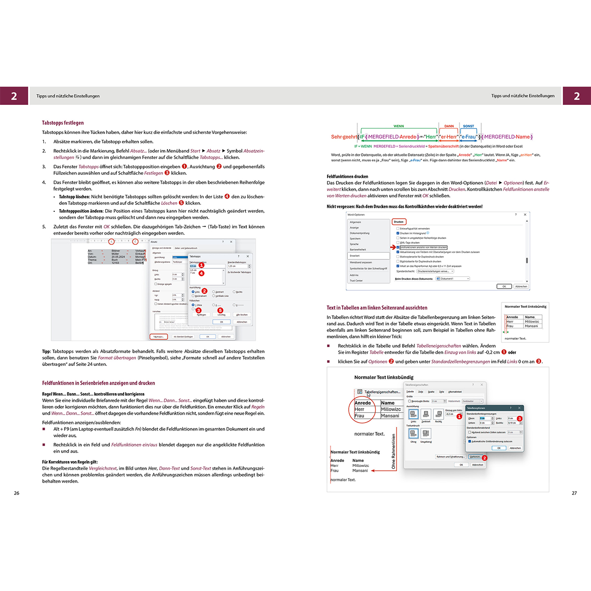 Seite mit Textanweisungen, Screenshots und Tabellen zur Dokumentformatierung, einschließlich Tabstopps und Tabellen.