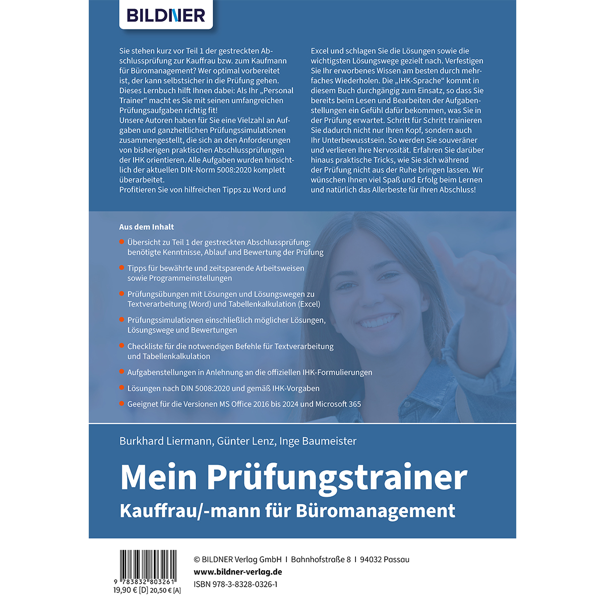 Buchcover mit lächelnder Frau. Titel: Mein Prüfungstrainer, Kaufrau/mann für Büromanagement.