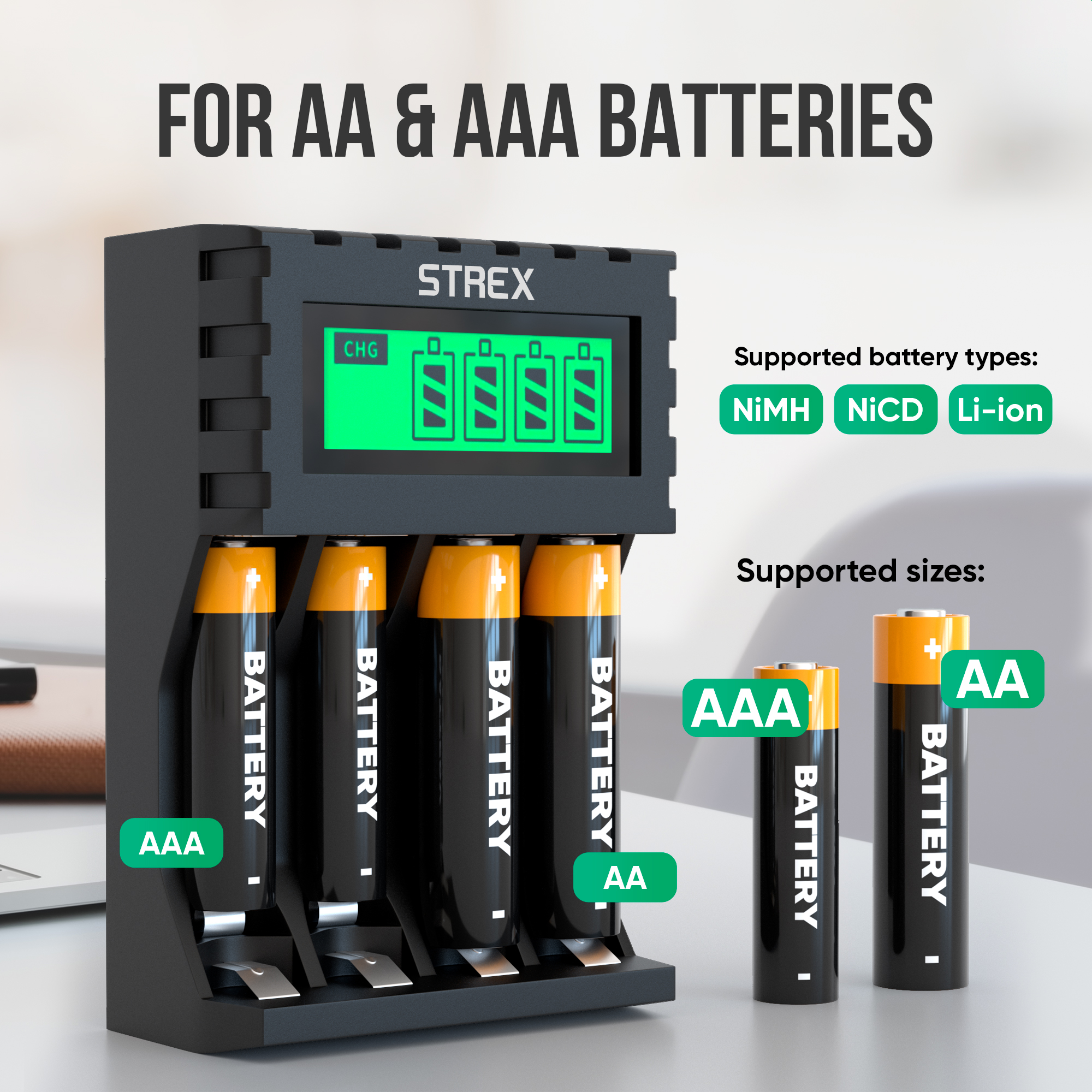 Een zwarte batterijoplader met AA- en AAA-batterijen. Ondersteunt NiMH, NiCD en Li-ion batterijen.