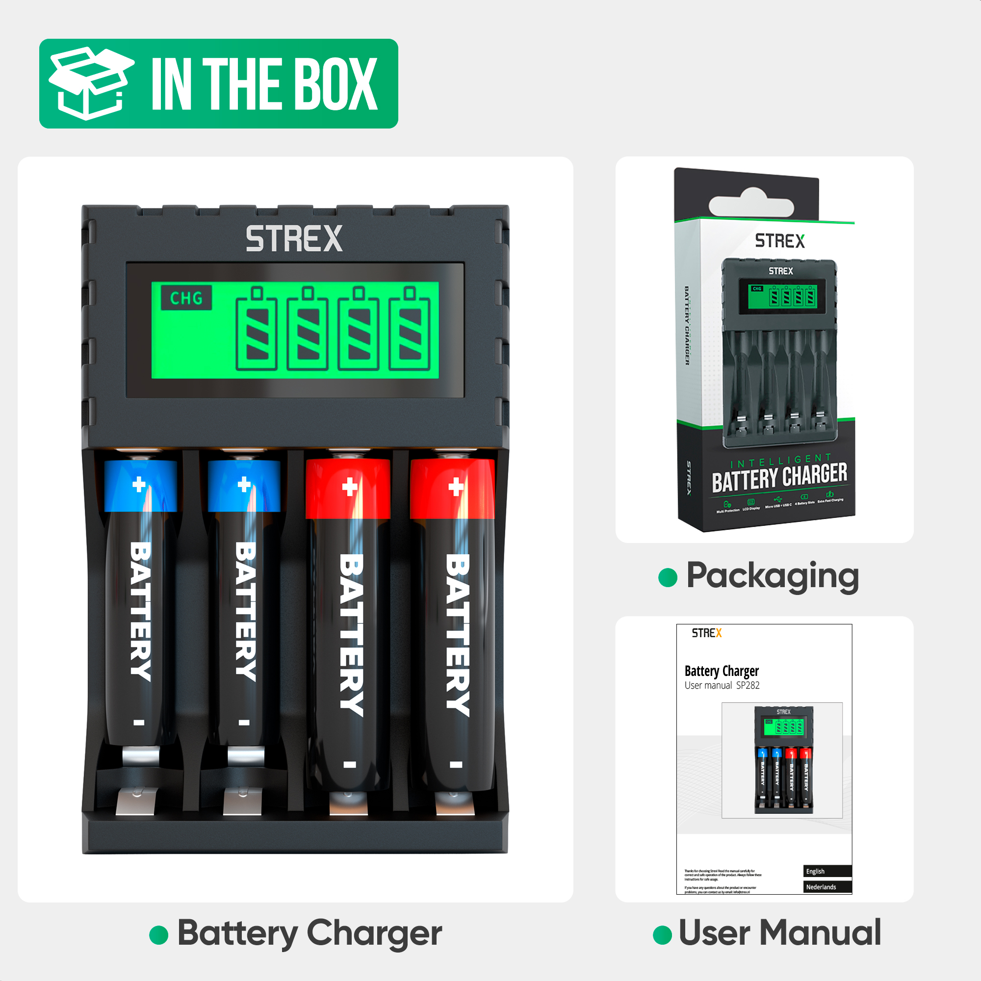 Afbeelding toont een batterij oplader met batterijen, verpakking en gebruikershandleiding.