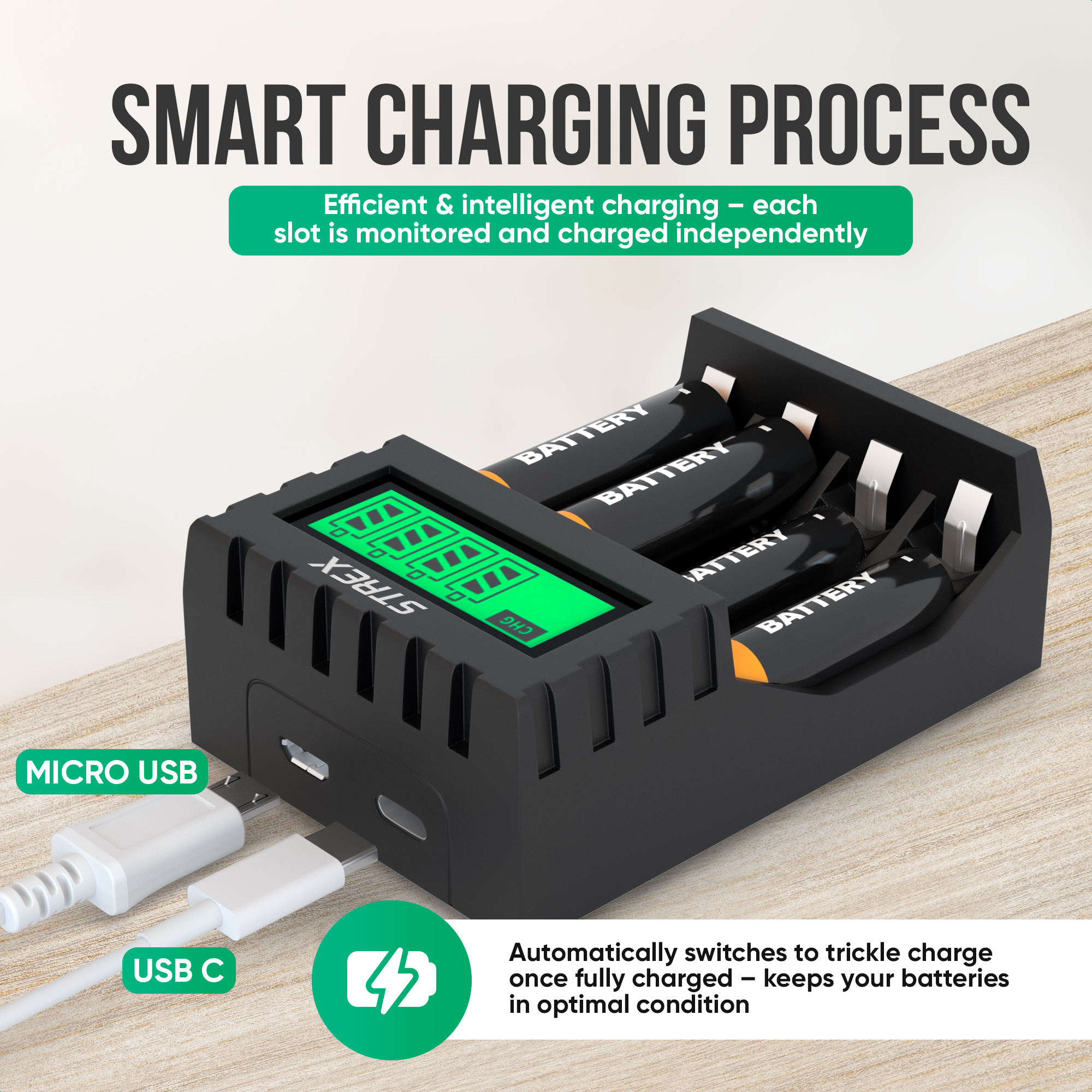 Een zwarte batterijlader met batterijen, USB-kabels en een display. Tekst: Smart Charging Process.