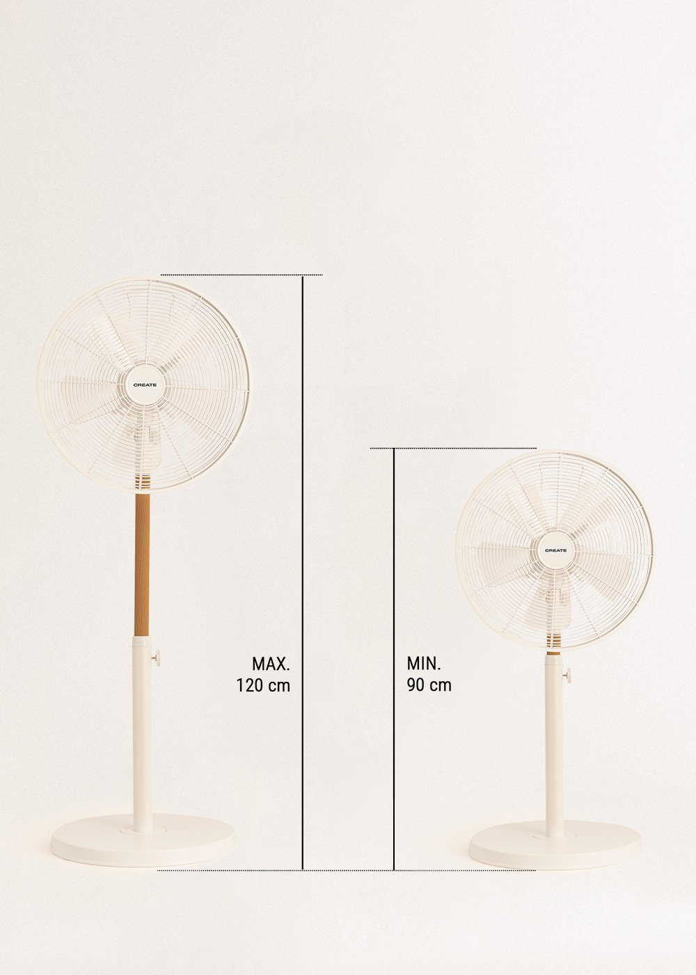 Dos ventiladores, uno alto, otro bajo, con medidas. El ventilador alto mide 120 cm, el bajo 90 cm.