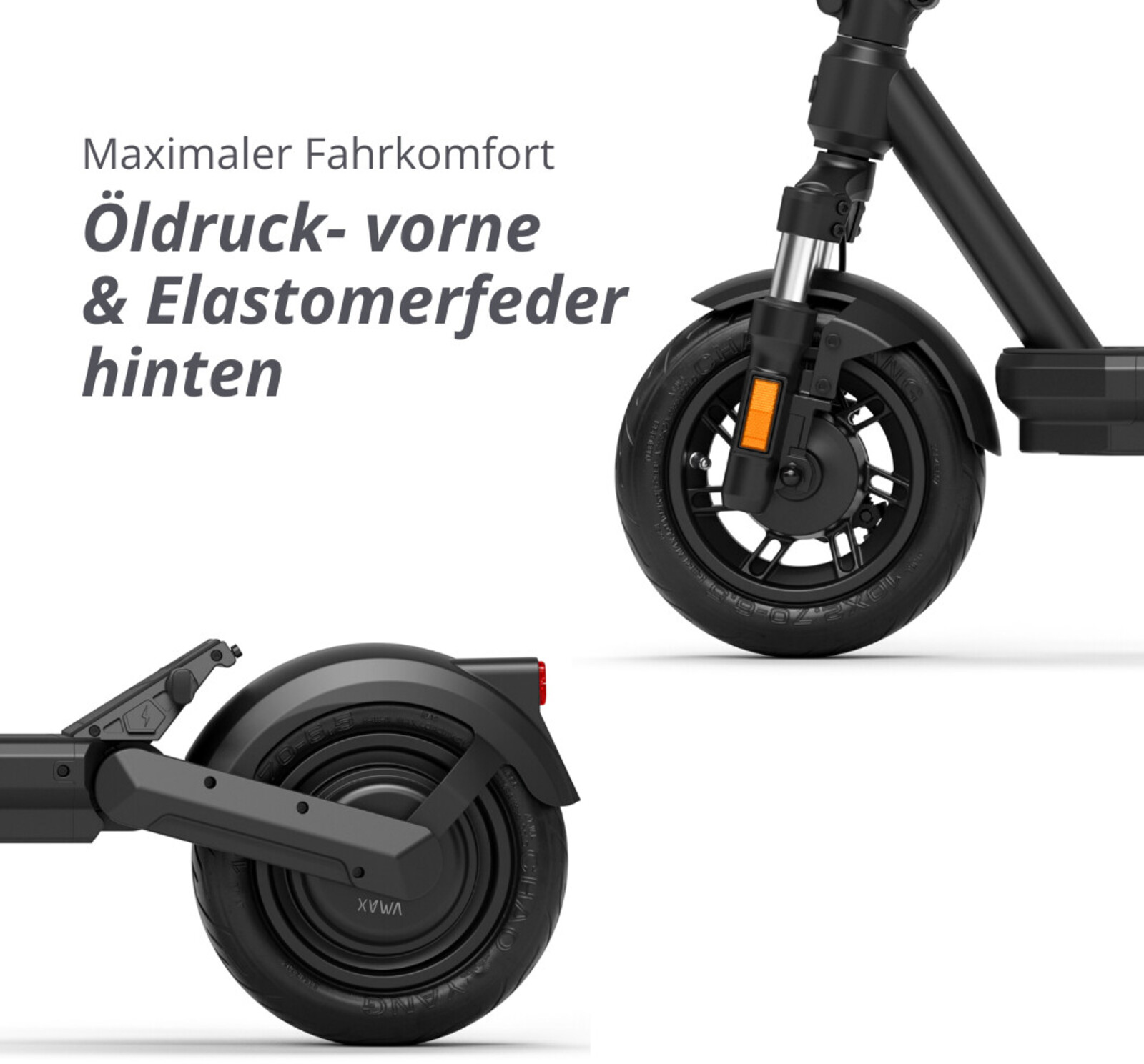 Schwarze Elektroroller-Teile: Räder, Kotflügel und Federungsdetails. Text-Overlay beschreibt Komponenten.
