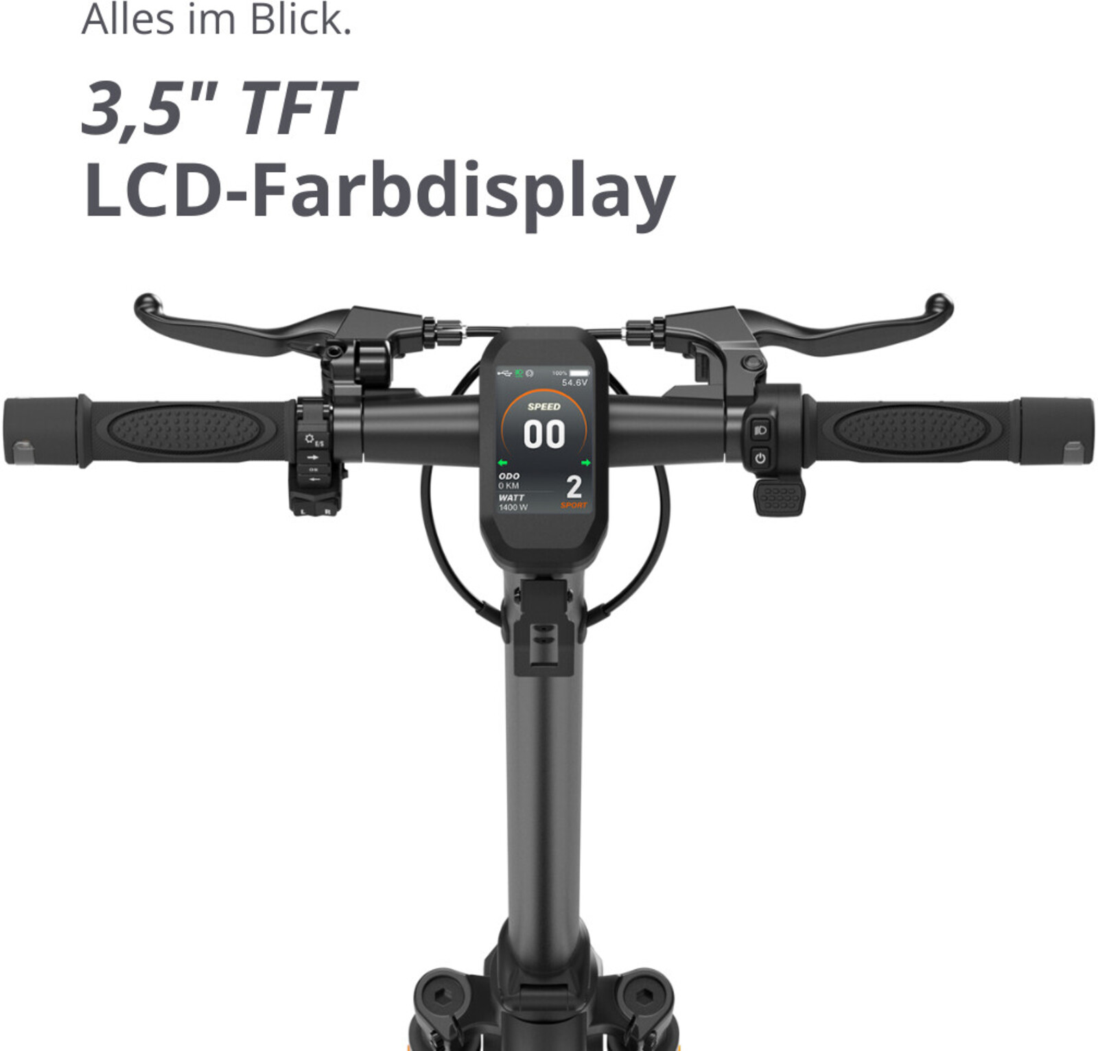 Nahaufnahme des Lenkers eines E-Scooters mit Geschwindigkeits- und Batterieanzeige. Schwarze Hebel und Griffe sind sichtbar, und der Text lautet: '3,5" TFT LCD'.
