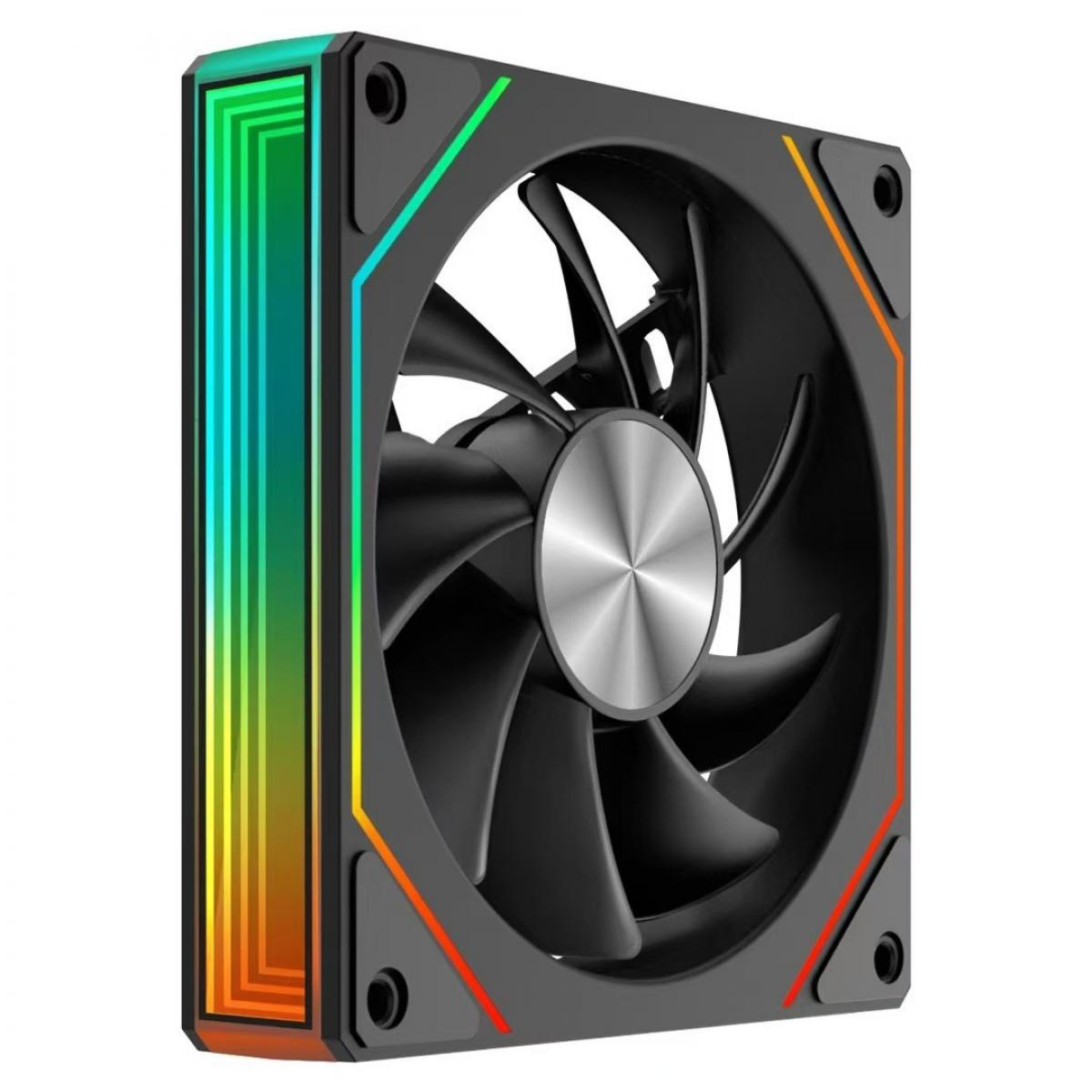 Ein Computerlüfter mit schwarzen Blättern und einem silbernen Zentrum. Er hat einen quadratischen Rahmen mit RGB-Beleuchtung an den Kanten.