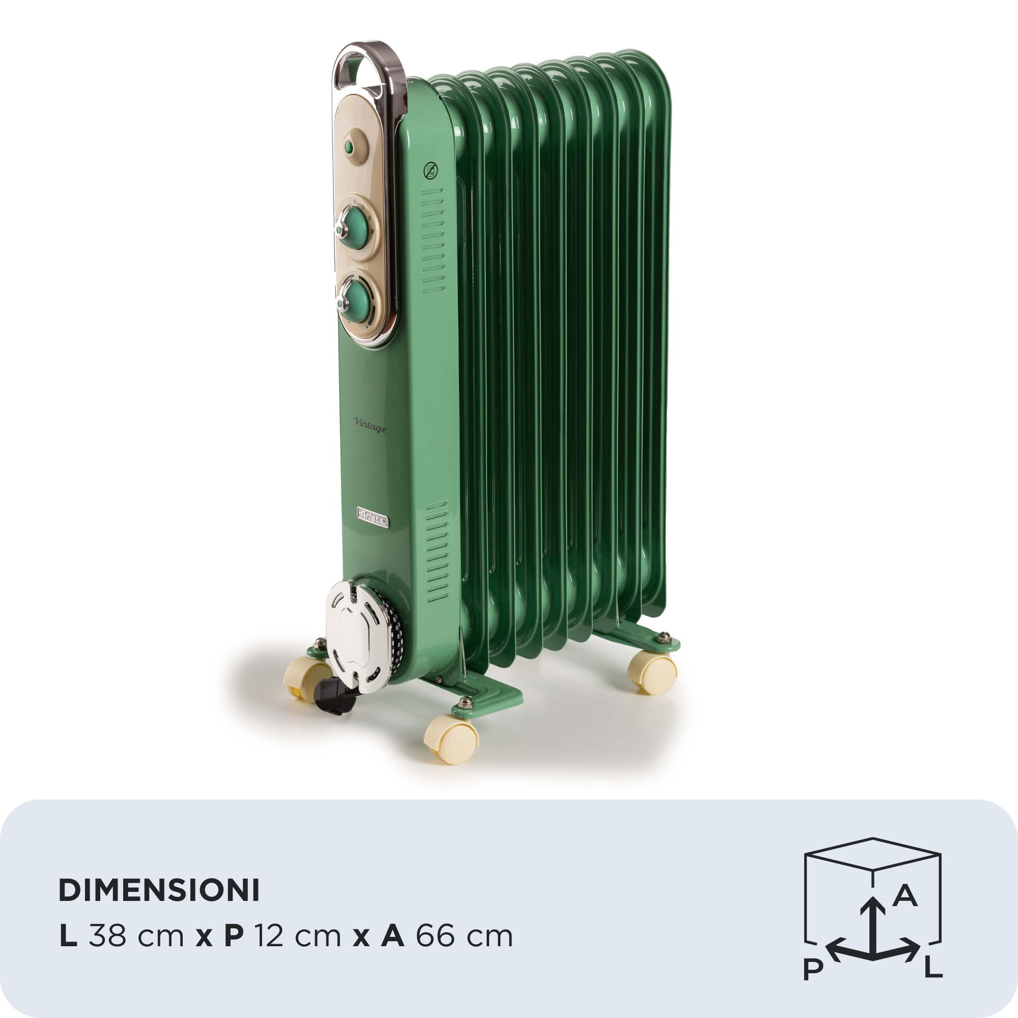 Un radiatore a olio verde vintage con dettagli color crema e ruote. Le dimensioni sono mostrate sotto il radiatore.