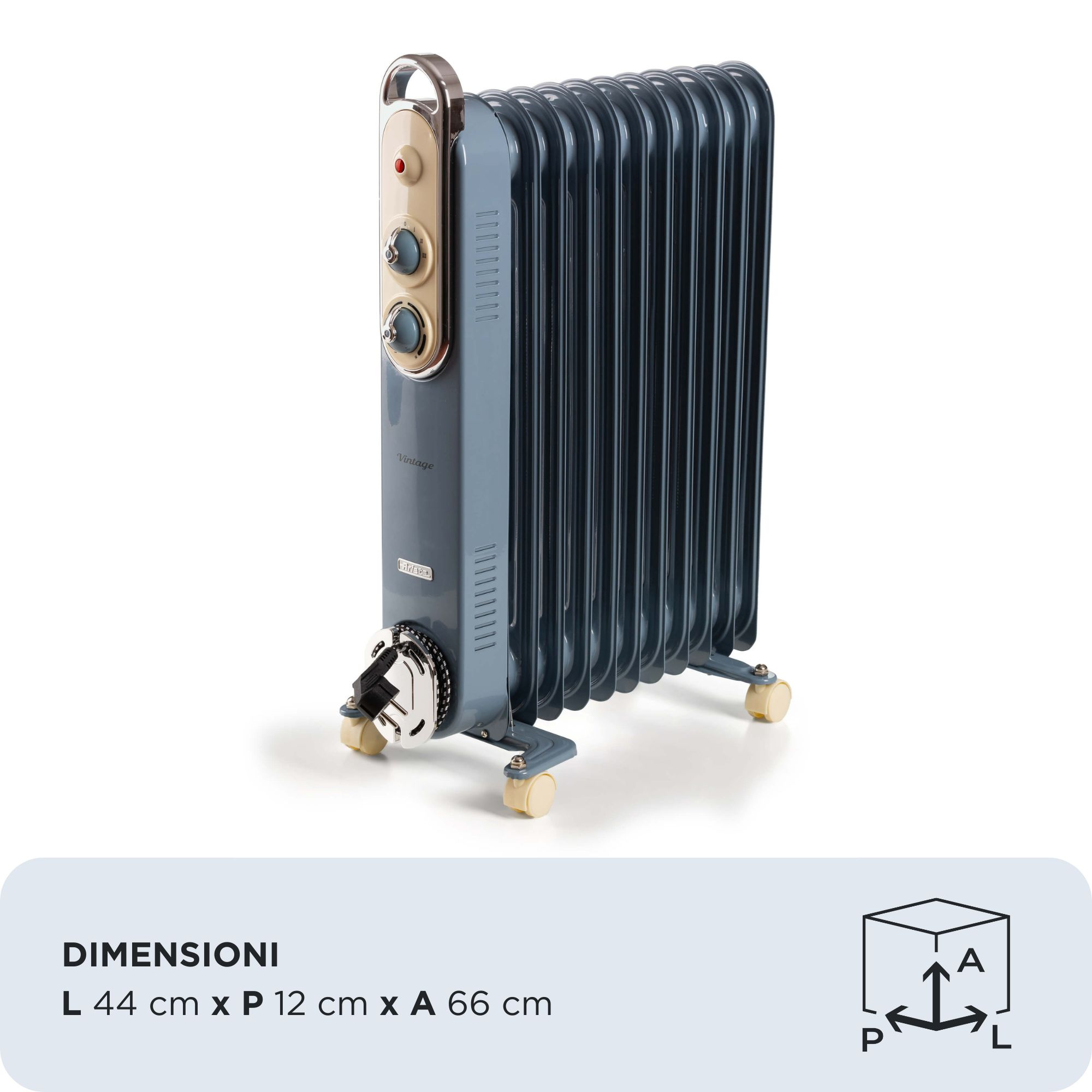 Niebieski, zabytkowy grzejnik olejowy z kremowymi elementami sterującymi i kółkami. Wymiary wyświetlane poniżej obrazu.