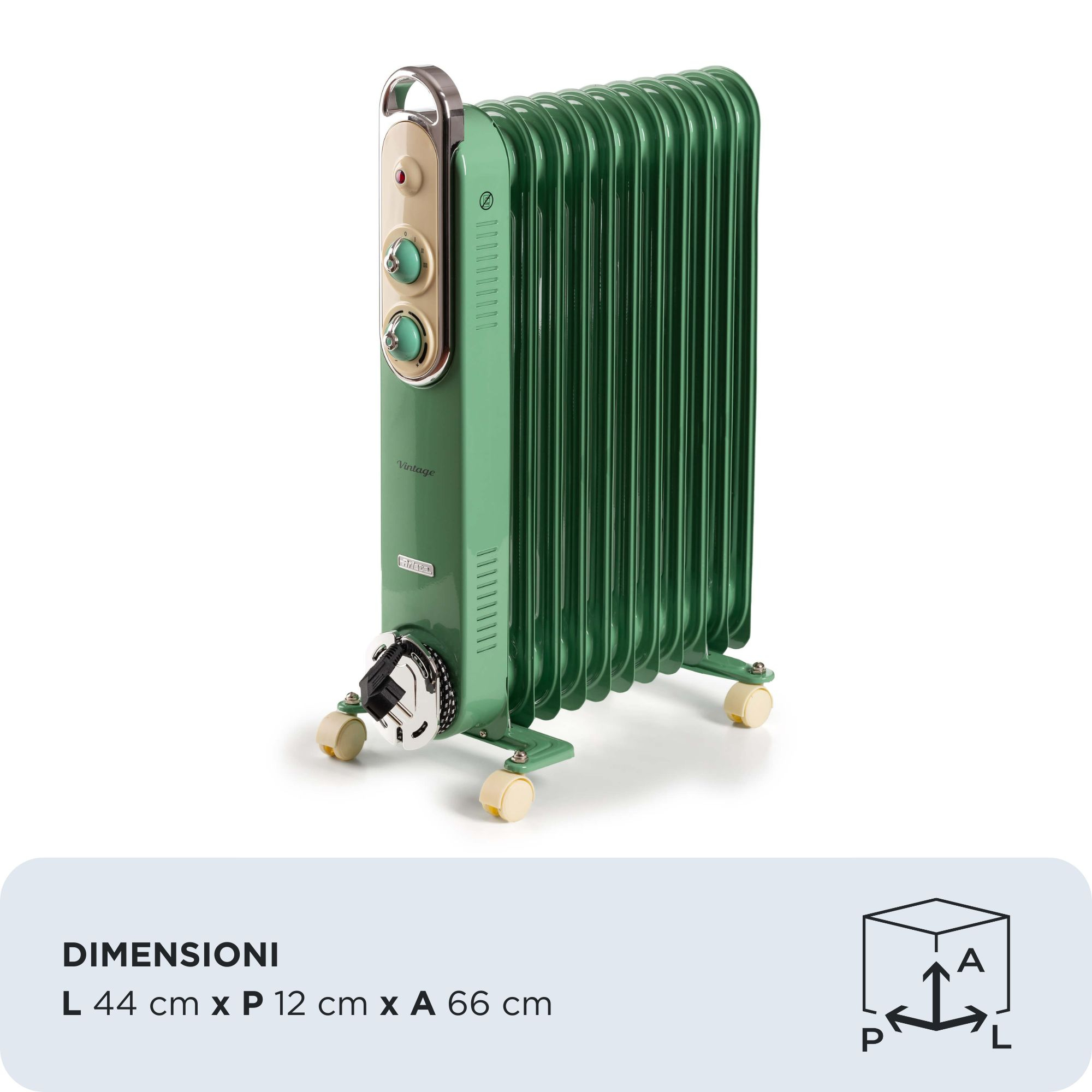 Zielony kaloryfer w stylu vintage na kółkach. Ma kremowe elementy sterujące i uchwyt. Wymiary wyświetlane są poniżej.
