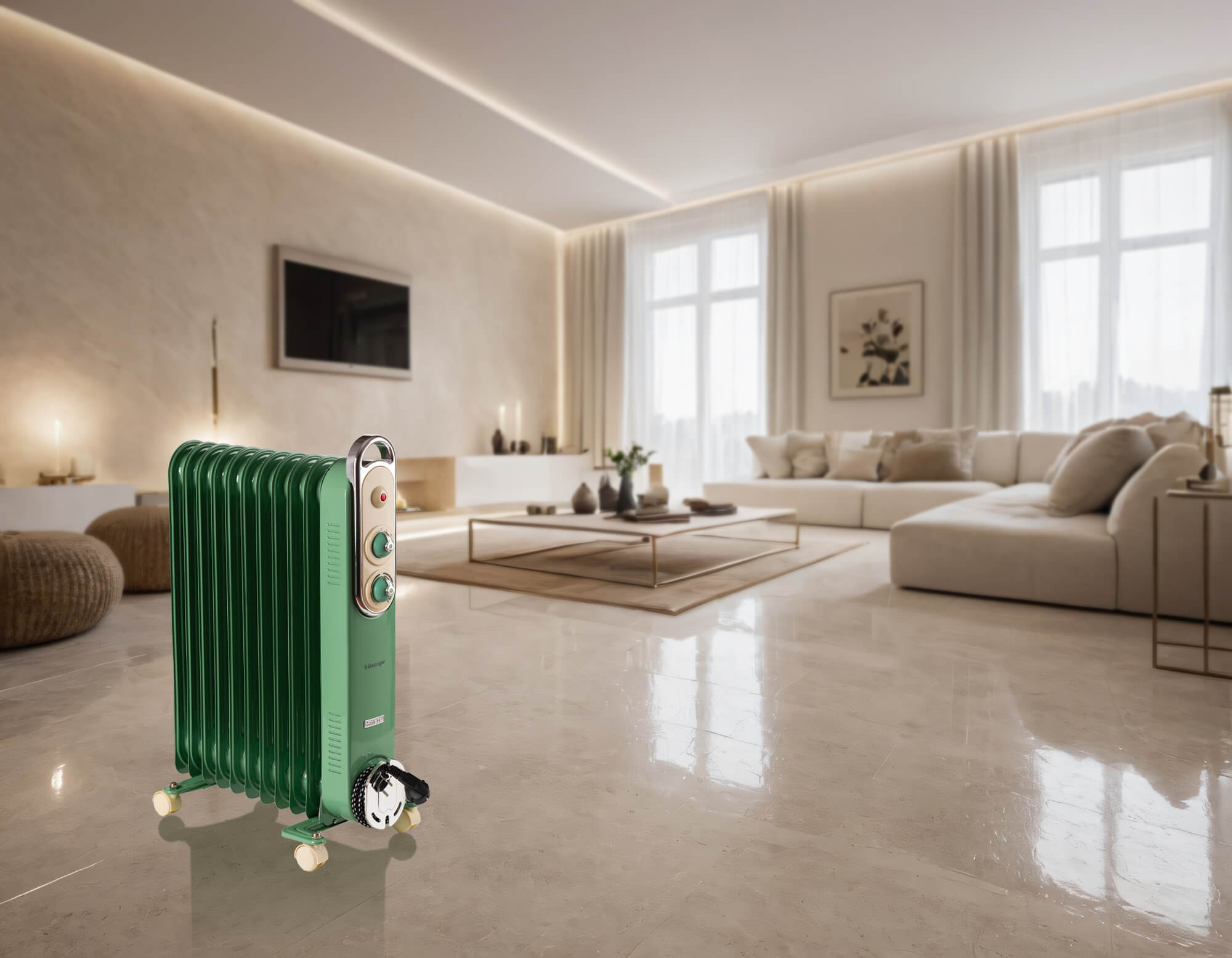 Zielony, zabytkowy grzejnik w nowoczesnym salonie. Sofa, stolik kawowy i TV w tle.