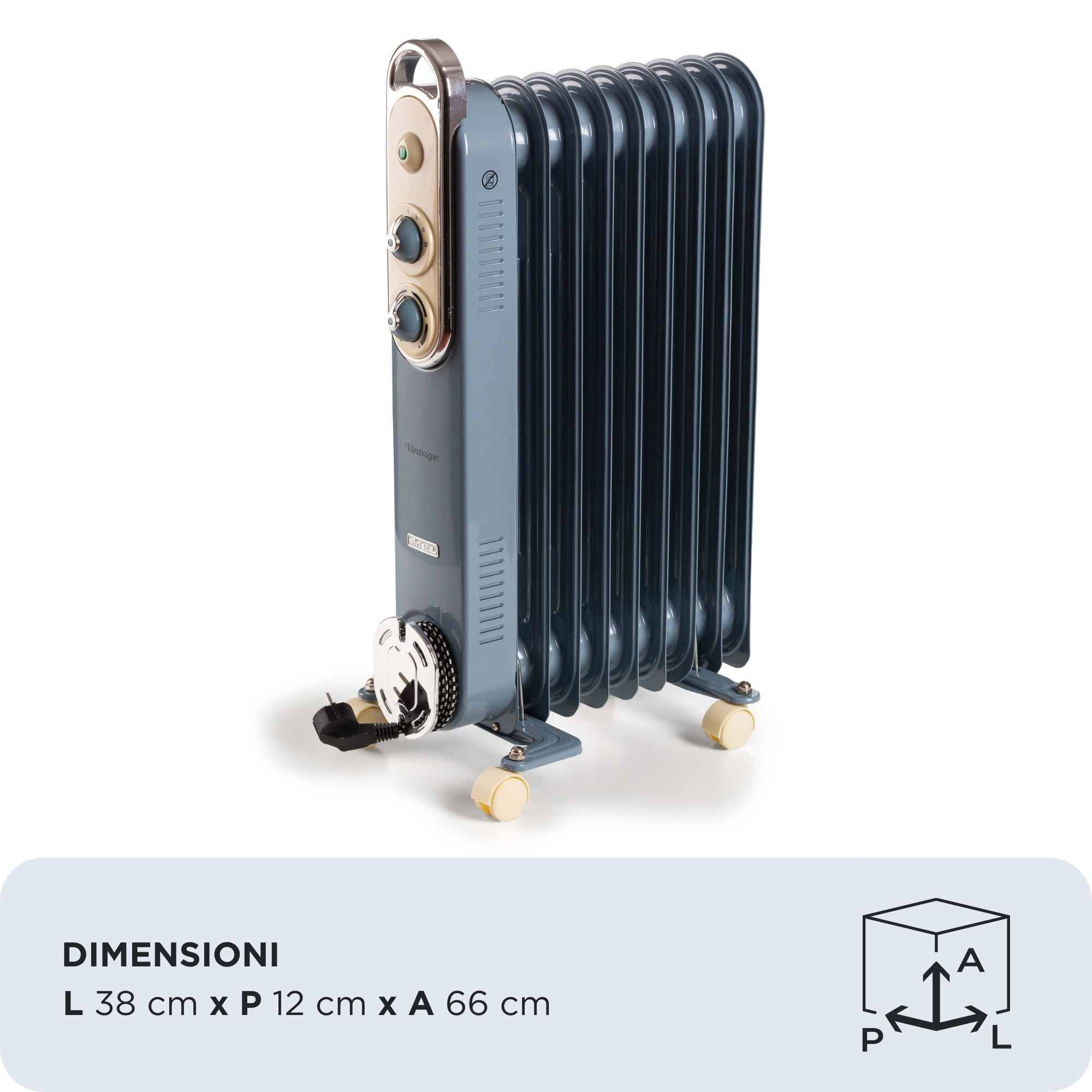 Niebieski, zabytkowy grzejnik olejowy z kremowymi kółkami i panelem sterowania. Wymiary pokazano na dole obrazu.