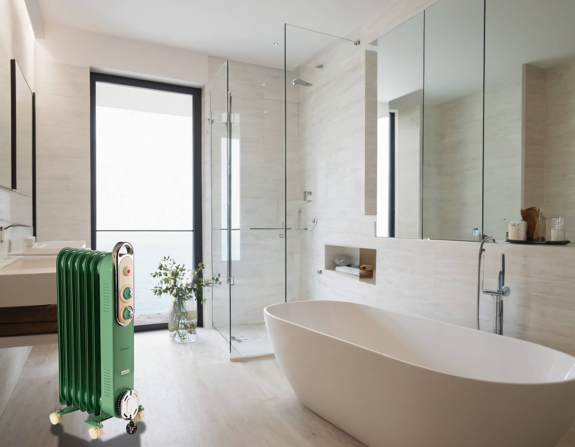 Nowoczesna łazienka z zielonym kaloryferem, białą wanną i szklanym prysznicem. Jasna, czysta i przestronna.