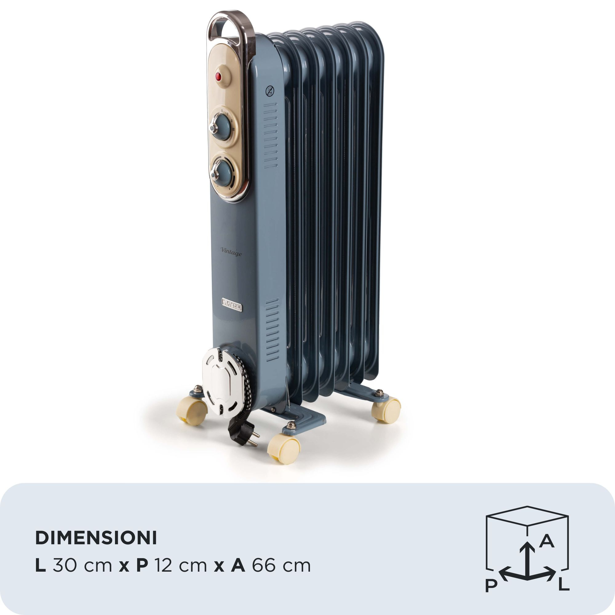 Radiatore a olio blu vintage con comandi e ruote beige. Dimensioni 30x12x66cm.