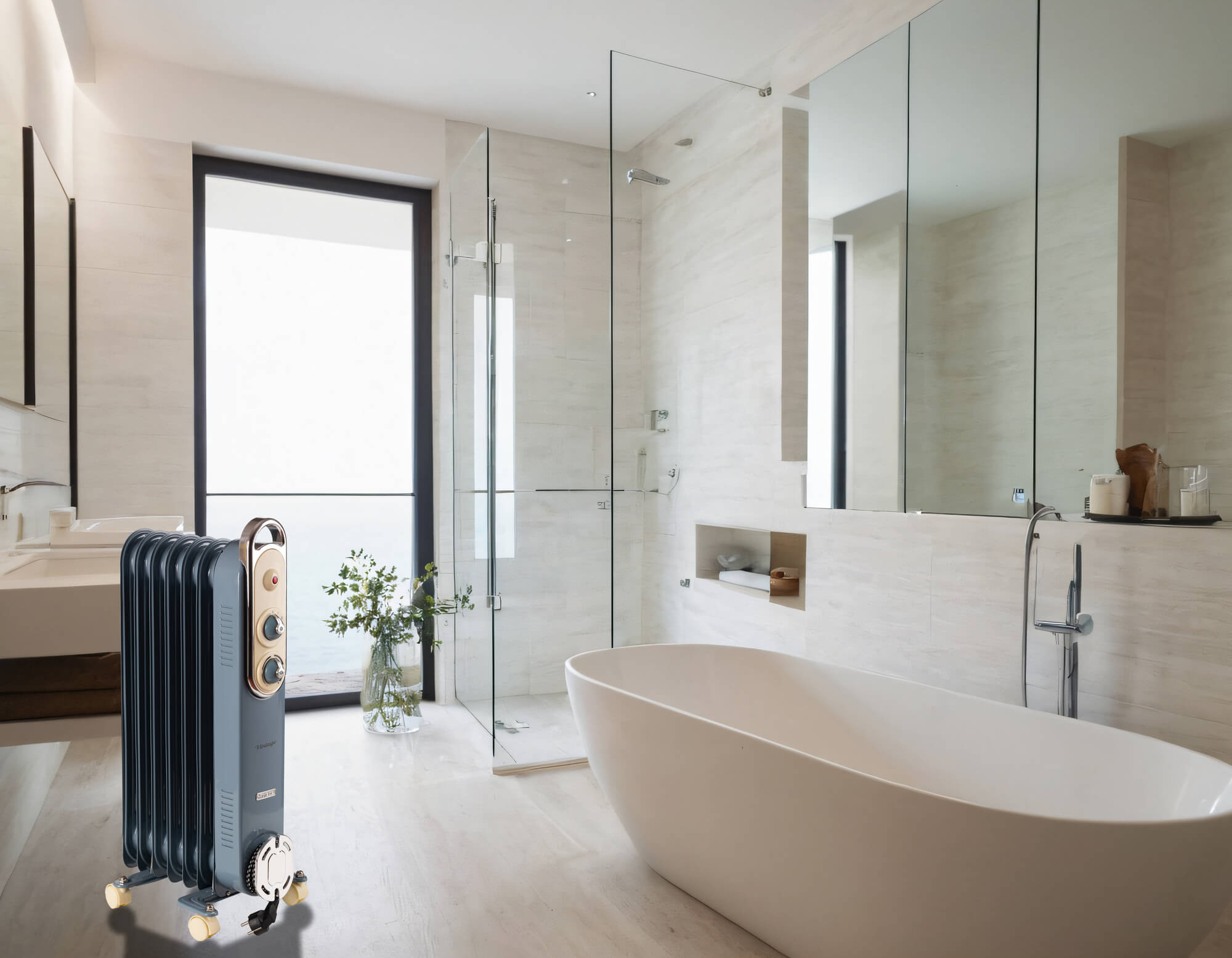 Bagno con un calorifero. Sono visibili una vasca e una doccia. Sono presenti anche una finestra e uno specchio.