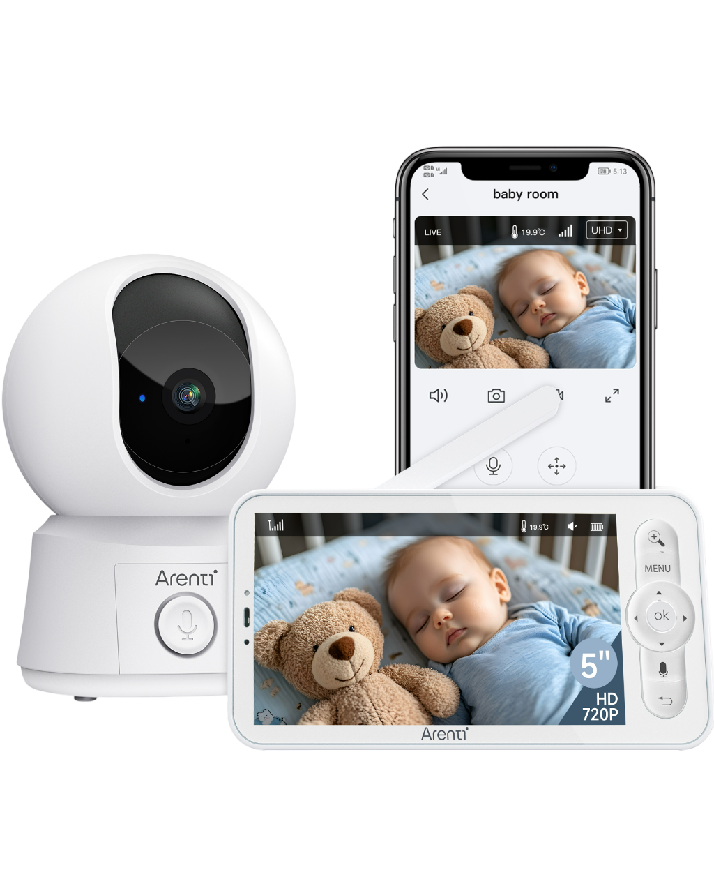 Ein Babyphone zeigt ein schlafendes Baby mit Teddybär. Eine weiße Kamera, ein Telefon und ein Monitor sind sichtbar.