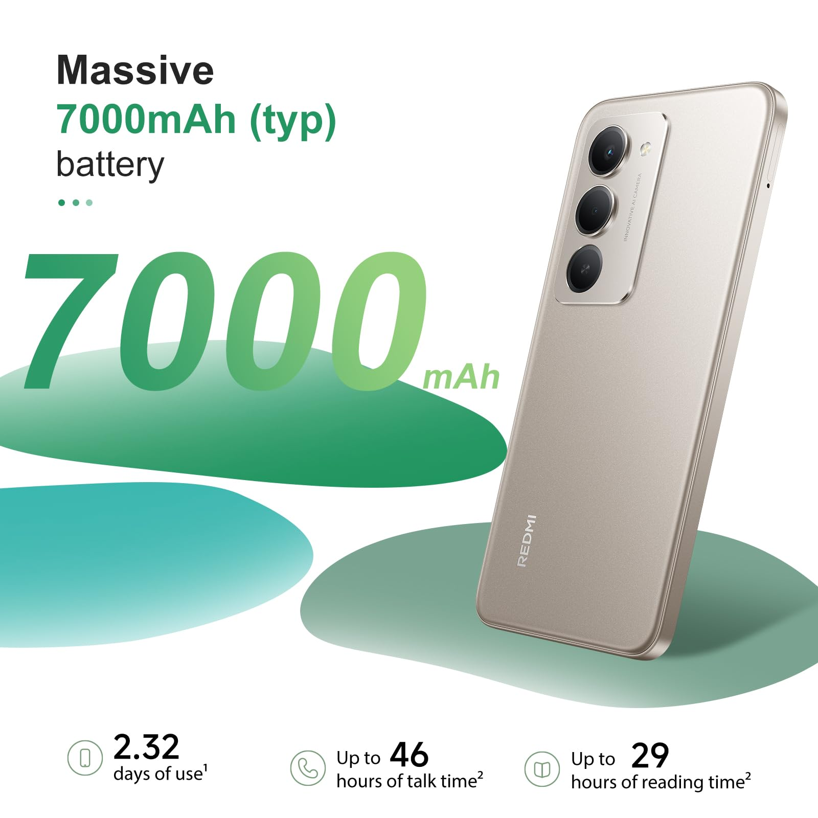 Un smartphone beige con tres cámaras. El texto indica batería de 7000 mAh, 2,32 días de uso, 46 horas de conversación, 29 horas de lectura.