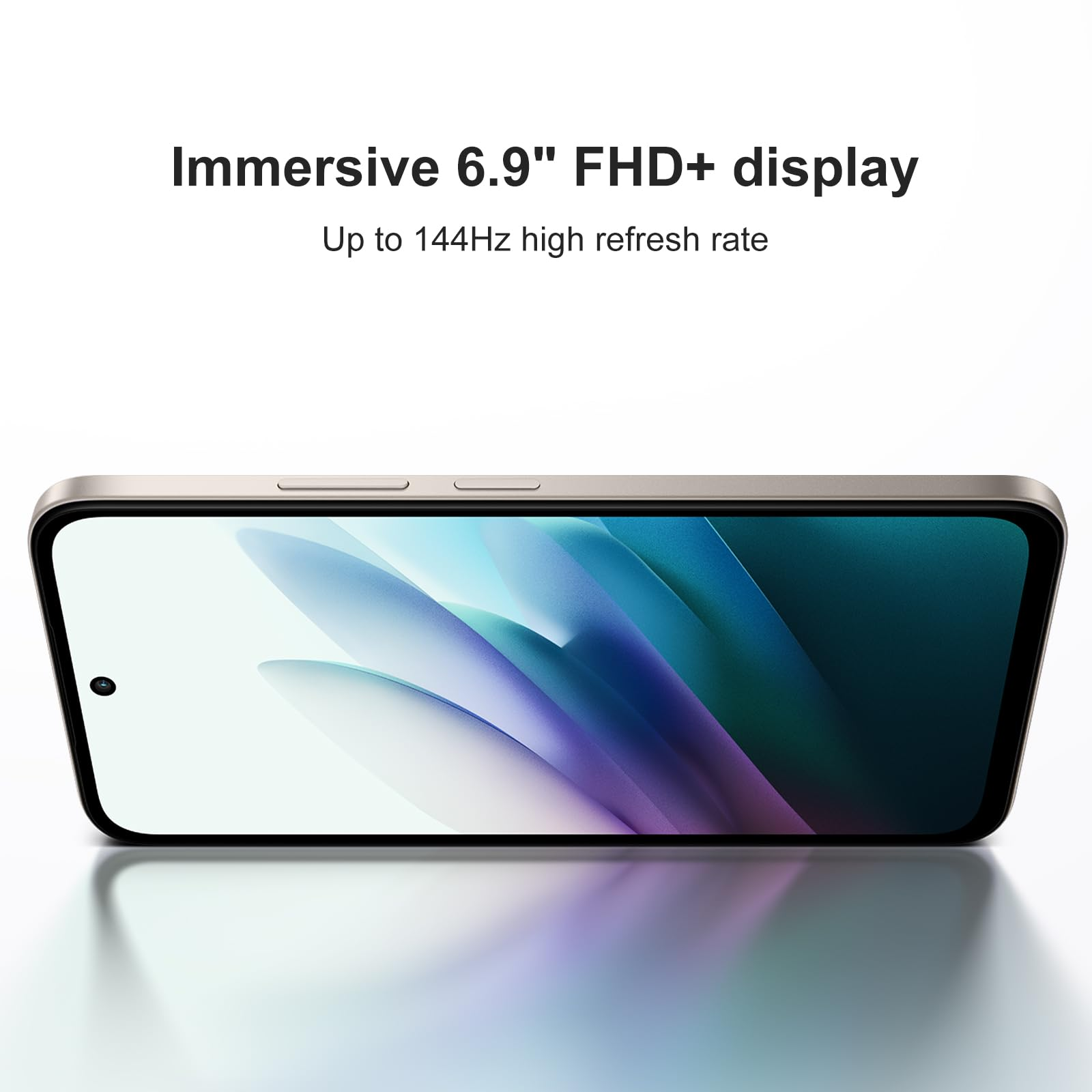 Ein Smartphone mit großem Bildschirm, das ein farbenfrohes, abstraktes Design und den Text "Immersive 6.9" FHD+ display" zeigt.