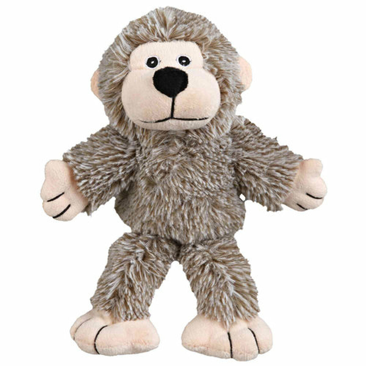 Un mono de peluche con pelaje marrón, cara beige y ojos negros. Está de pie con los brazos y las piernas extendidos. El fondo es blanco.