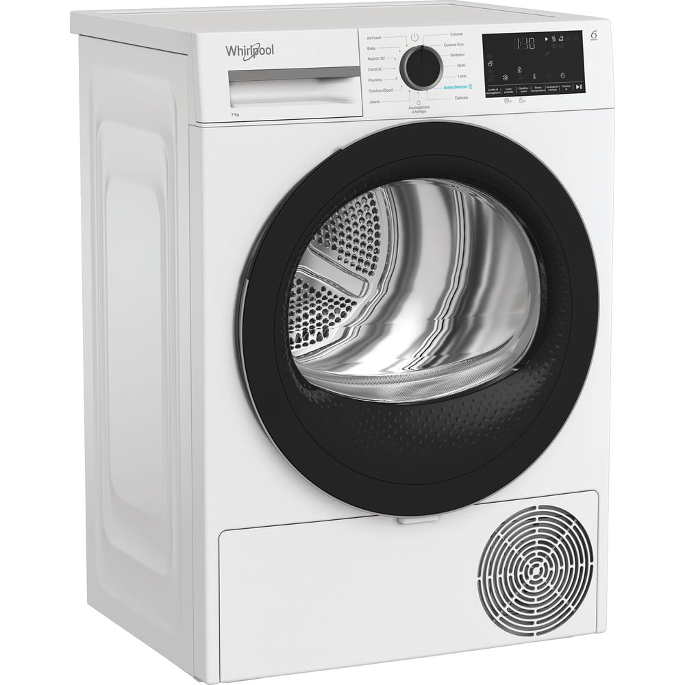 Asciugatrice Whirlpool bianca. Ha un anello porta nero e un display digitale. In basso a destra è presente una presa d'aria circolare.