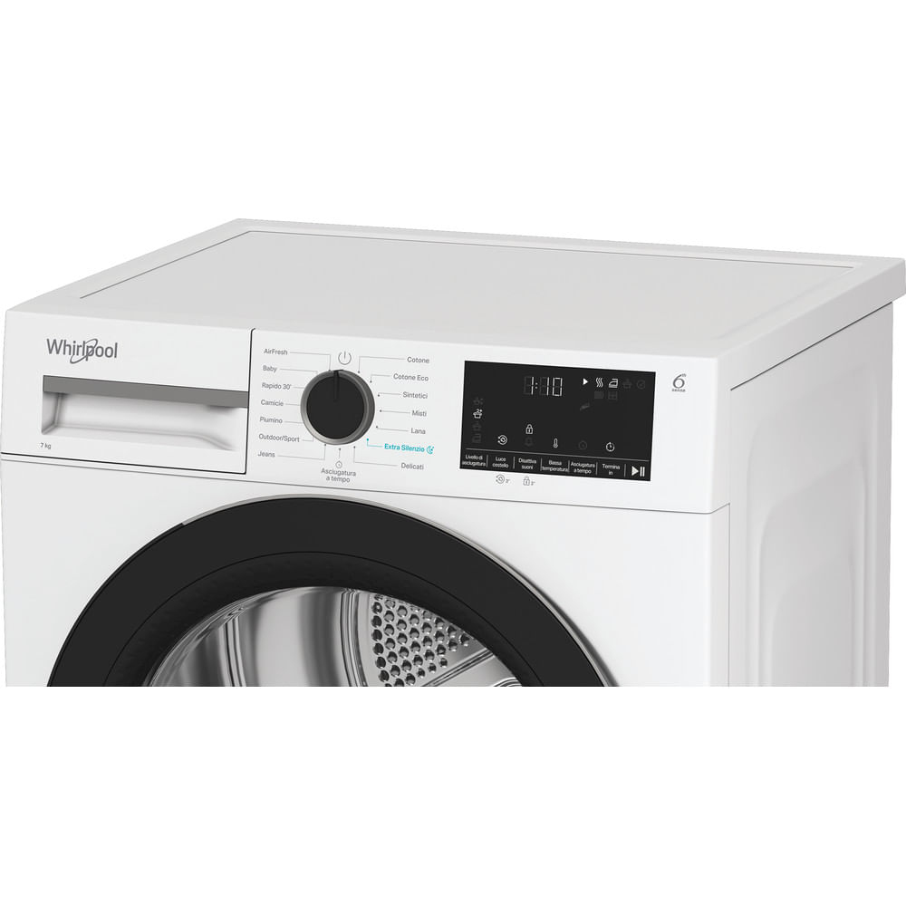 Un'asciugatrice Whirlpool bianca con porta nera. Ha un display digitale e varie opzioni di programma. Il pannello di controllo è a destra.