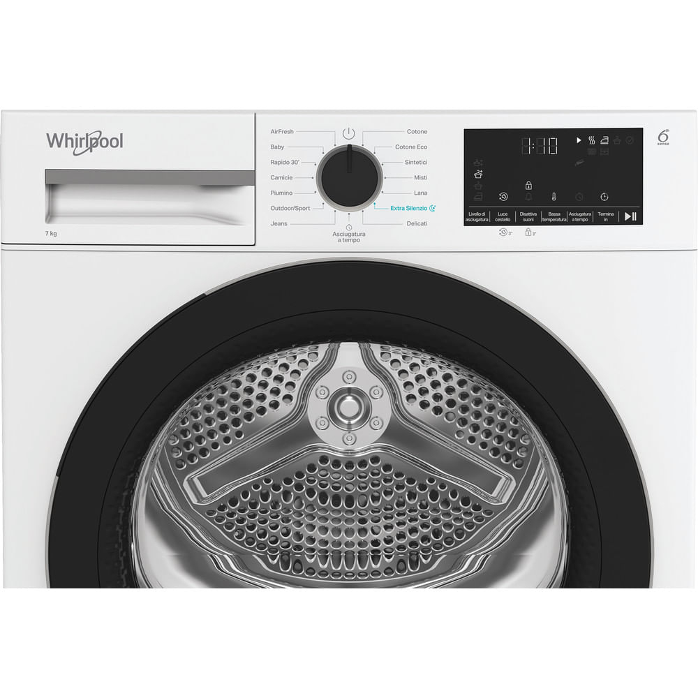 Un'asciugatrice Whirlpool bianca con porta nera. Ha pulsanti e un display. Il cestello è visibile.
