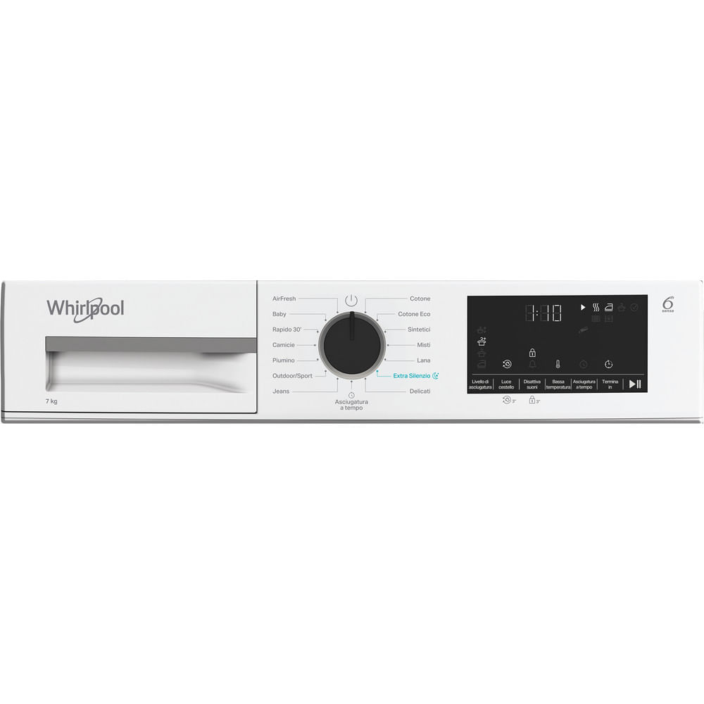 Pannello di controllo dell'asciugatrice Whirlpool bianca. Ha un quadrante, pulsanti e un display digitale che mostra l'ora. I programmi includono Cotone, Jeans, ecc.