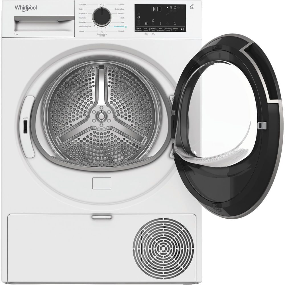 Un'asciugatrice Whirlpool bianca con porta nera aperta. Il tamburo è visibile. Comandi e display sul pannello superiore.