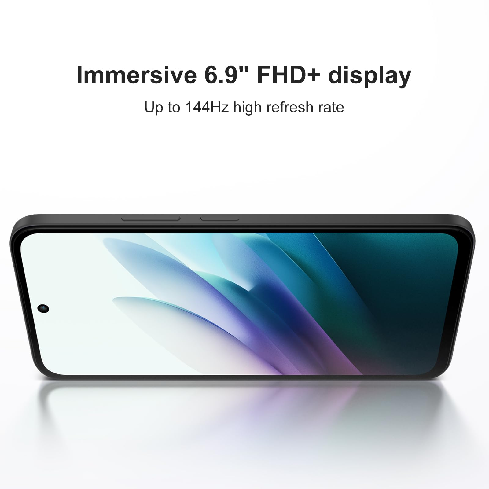 Ein Smartphone mit schwarzem Rahmen und 6,9" Display. Text: 'Immersives 6,9" FHD+ Display'.