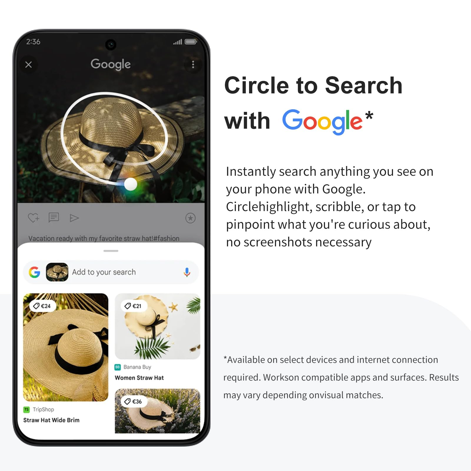Ein Telefonbildschirm zeigt einen Strohhut, der von einer weißen Linie umkreist ist. Googles Circle to Search-Funktion wird hervorgehoben.