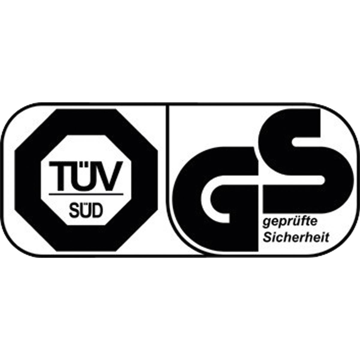 Un logo in bianco e nero con 'TÜV SÜD' e 'GS geprüfte Sicherheit' all'interno di un rettangolo arrotondato.