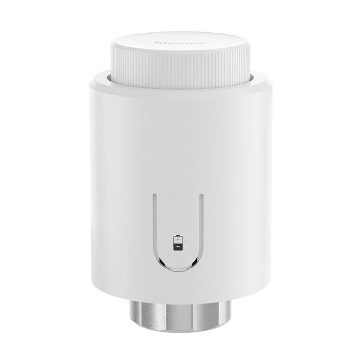 Ein weißer intelligenter Thermostat mit zylindrischem Körper und geriffeltem Deckel. Er hat eine Batterieanzeige. Die Basis ist silbern.