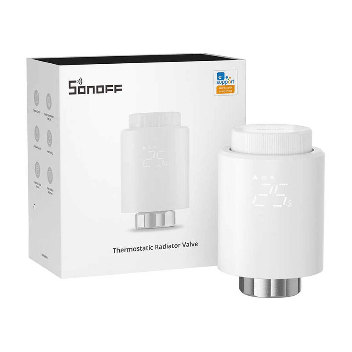 Weiße Sonoff Thermostat-Heizkörperventile mit Display, eines vor der Box. Auf der Box ist das Sonoff-Logo.