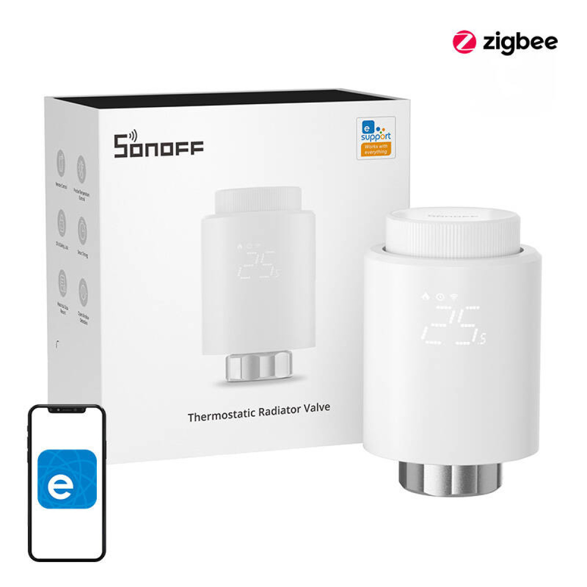 Ein weißer intelligenter Thermostat mit digitaler Anzeige 25. Ein Smartphone mit 'e'-Logo davor. Eine Box mit 'Sonoff' im Hintergrund.