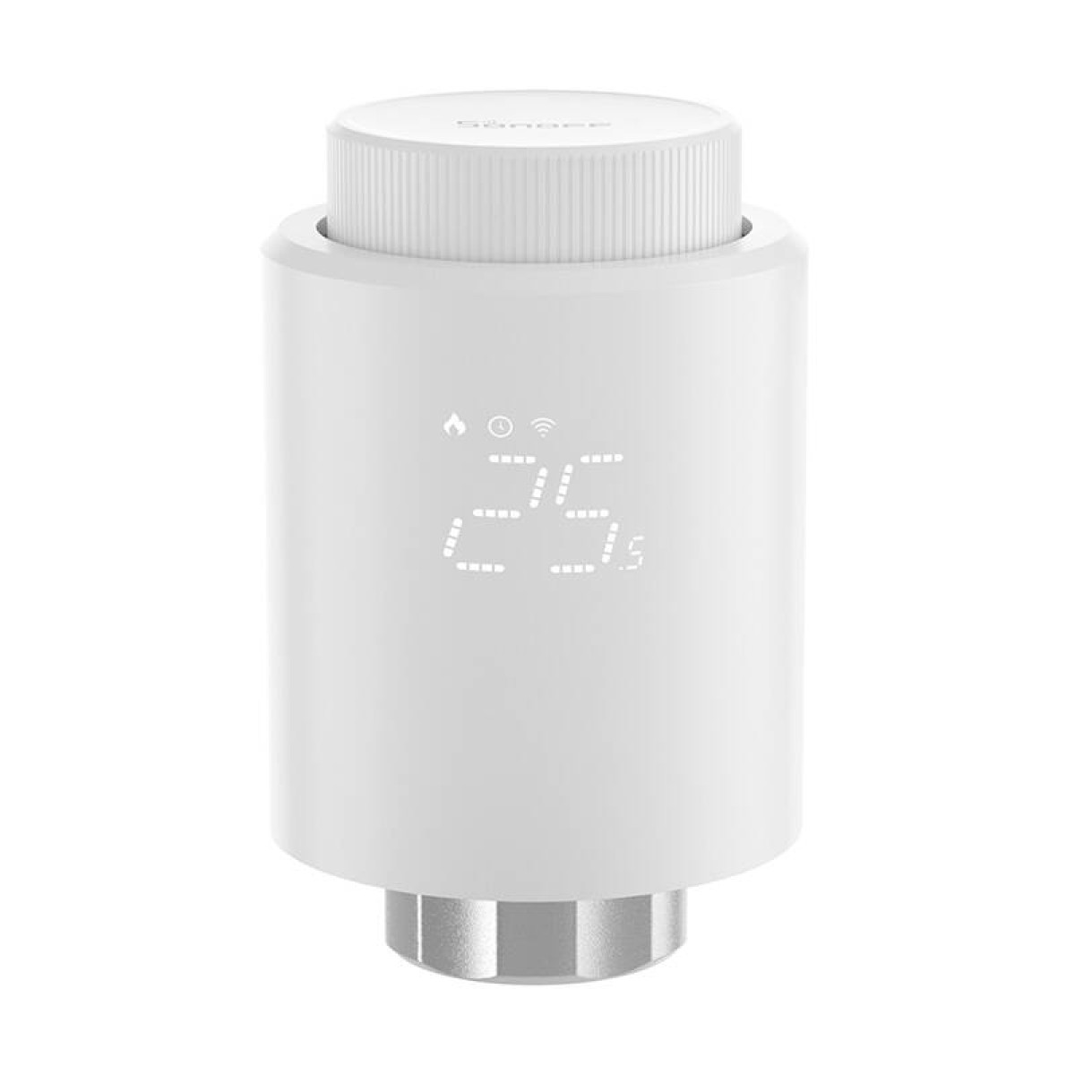 Ein weißes Smart-Thermostat mit digitaler Anzeige '25.5'. Es hat einen runden Deckel und einen zylindrischen Körper. Der Boden ist silber.