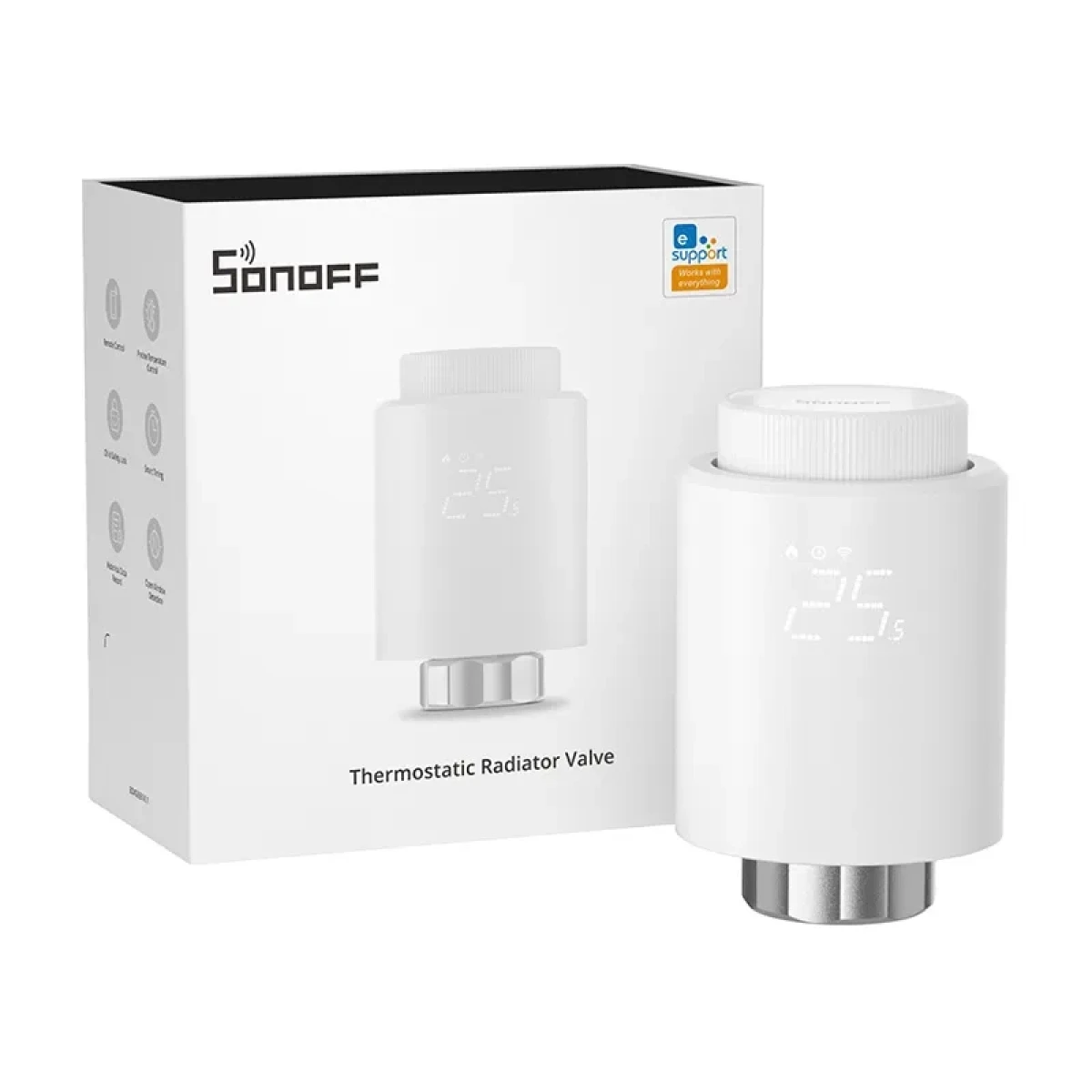 Ein weißes Sonoff-Thermostatventil und seine Box. Das Ventil zeigt eine Temperatur an. Die Box hat das Sonoff-Logo und Text.