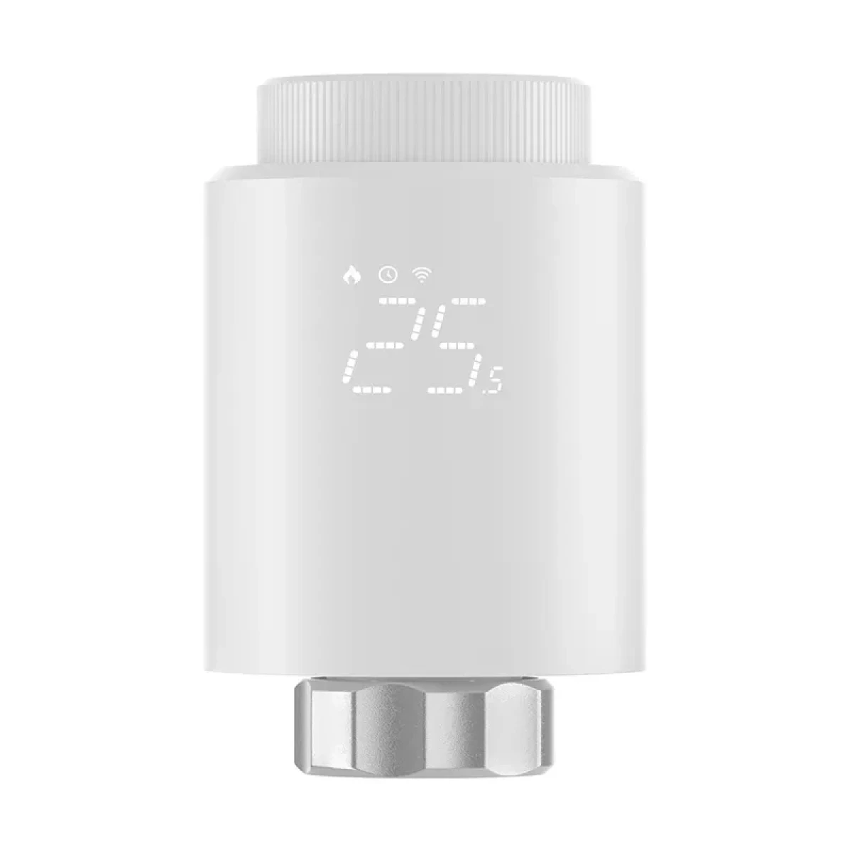 Ein weißes Smart-Thermostat mit digitaler Anzeige '25.5'. Es hat eine gerippte Oberseite und einen metallischen Boden.