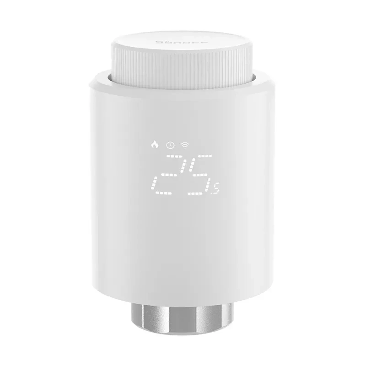 Ein weißes Smart-Thermostat mit Digitalanzeige, die '25.5' anzeigt. Es hat eine drehbare Oberseite und einen silbernen Boden.