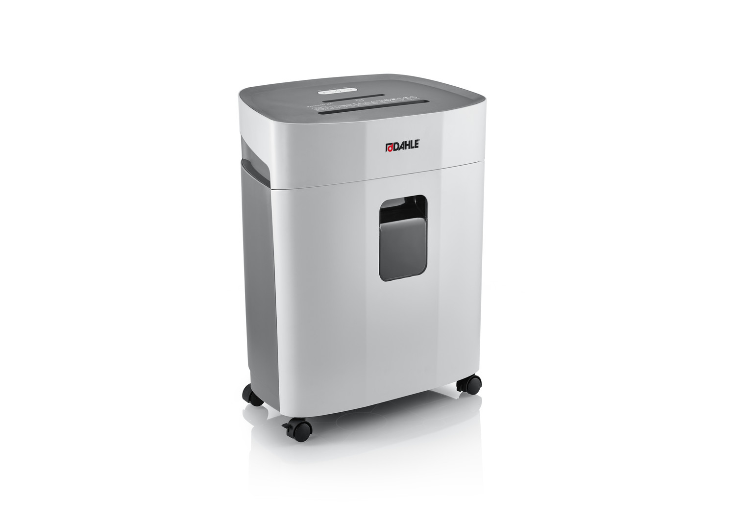 Biała i szara niszczarka do papieru na kółkach. Ma szczelinę na górze i okno. Marka jest widoczna.