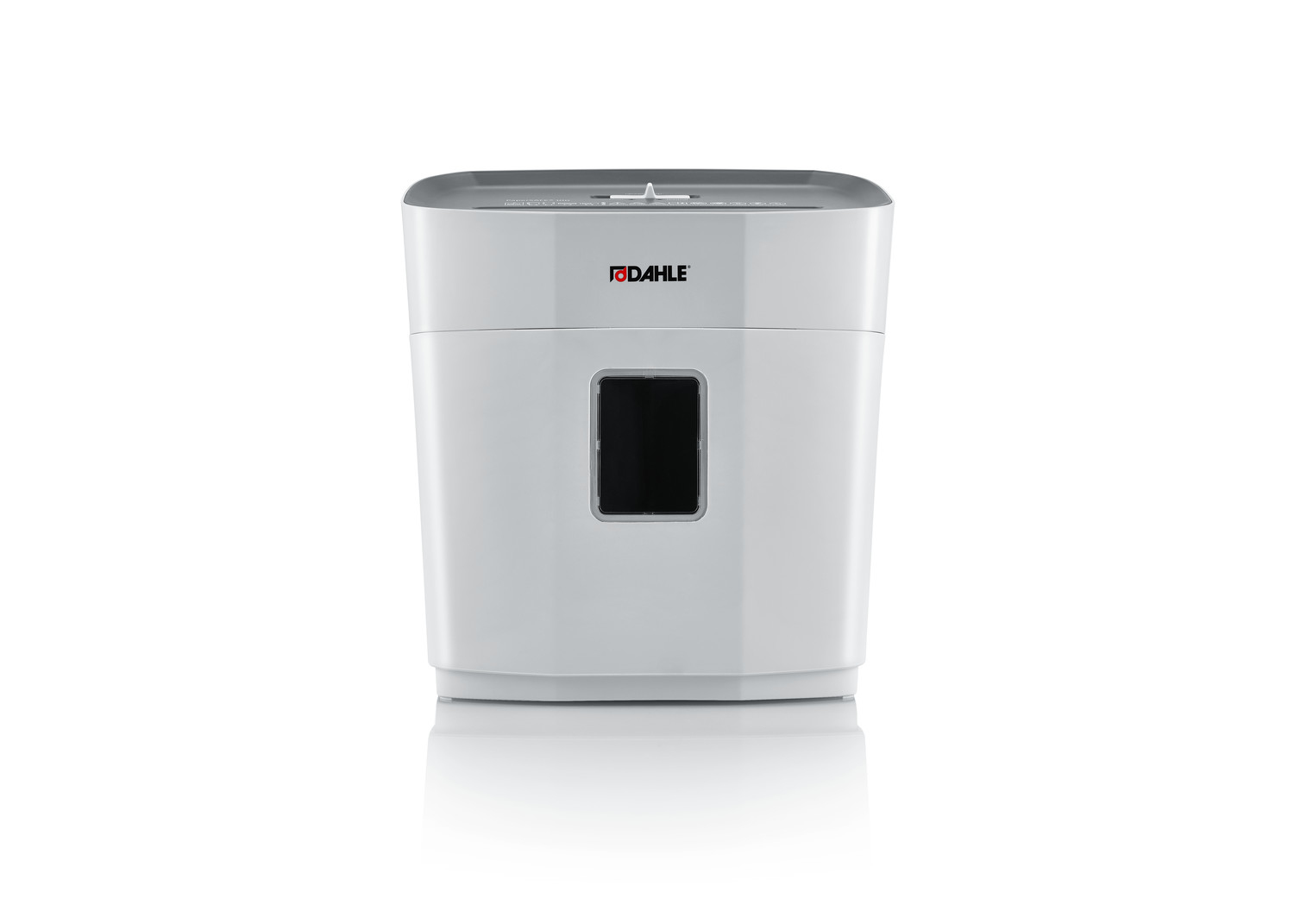 Biała niszczarka do papieru na białym tle. Ma czarne okno i markę 'DAHLE'.