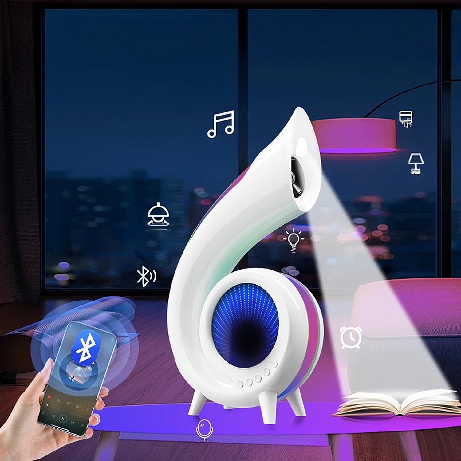 Un altoparlante bianco dalla forma unica, un telefono che mostra la connessione Bluetooth e un libro illuminato.