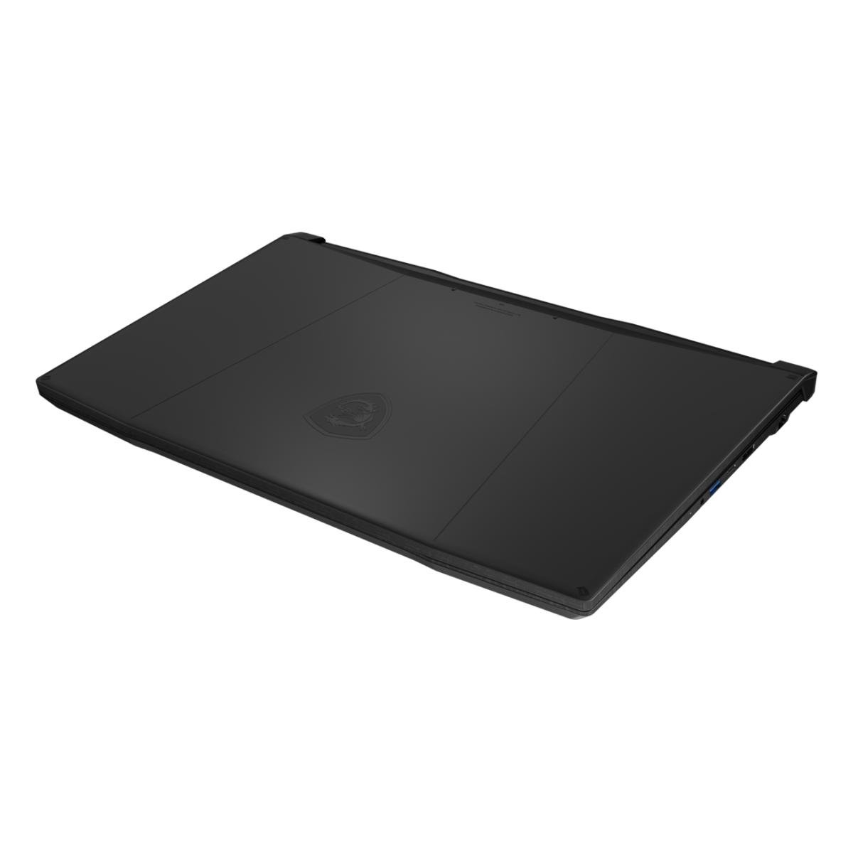 Ein schwarzer Laptop wird aus einem Winkel gezeigt. Der Laptop hat das MSI-Logo und befindet sich auf weißem Hintergrund.