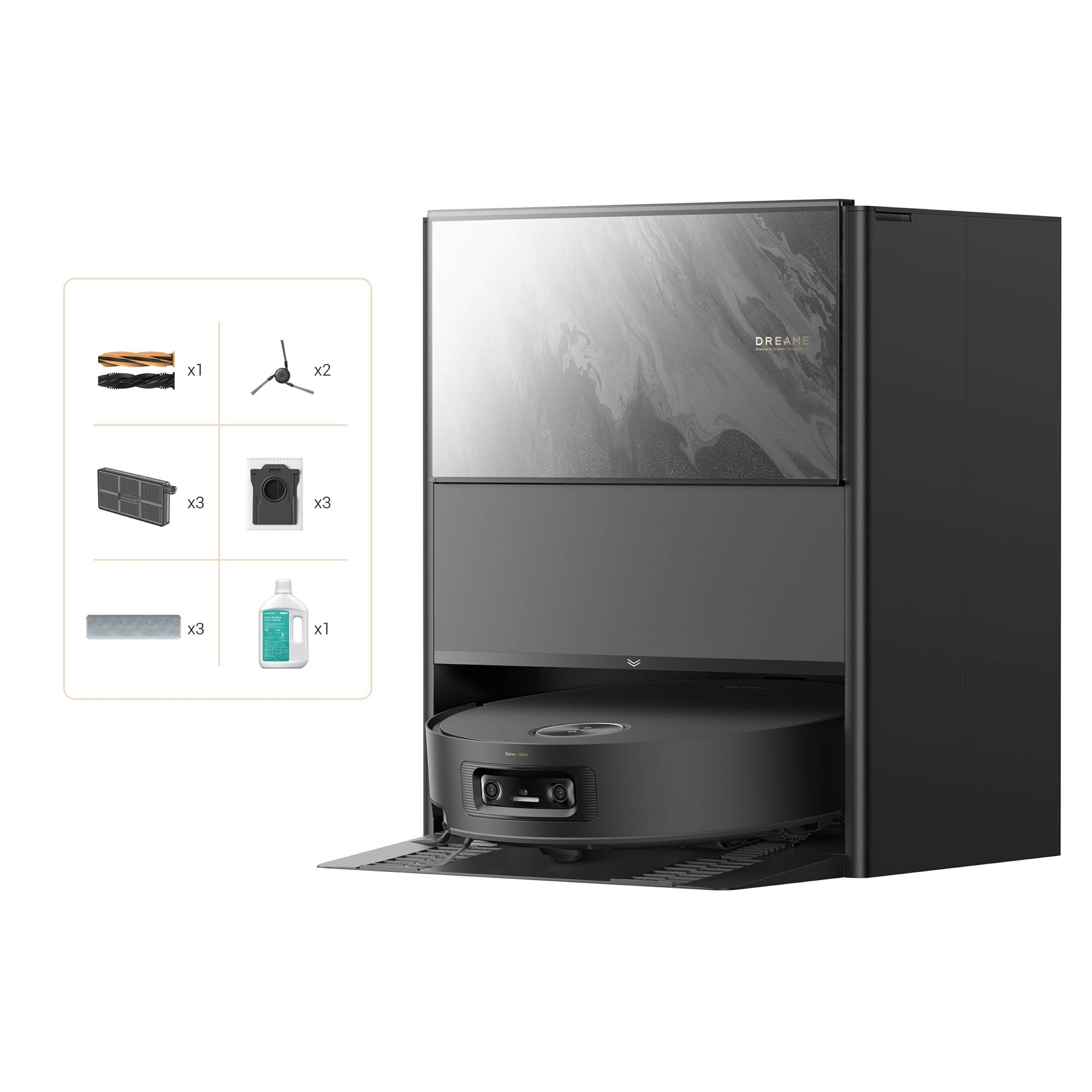 Czarny robot sprzątający z stacją ładującą i akcesoriami po lewej stronie. Stacja ma marmurowy wygląd.