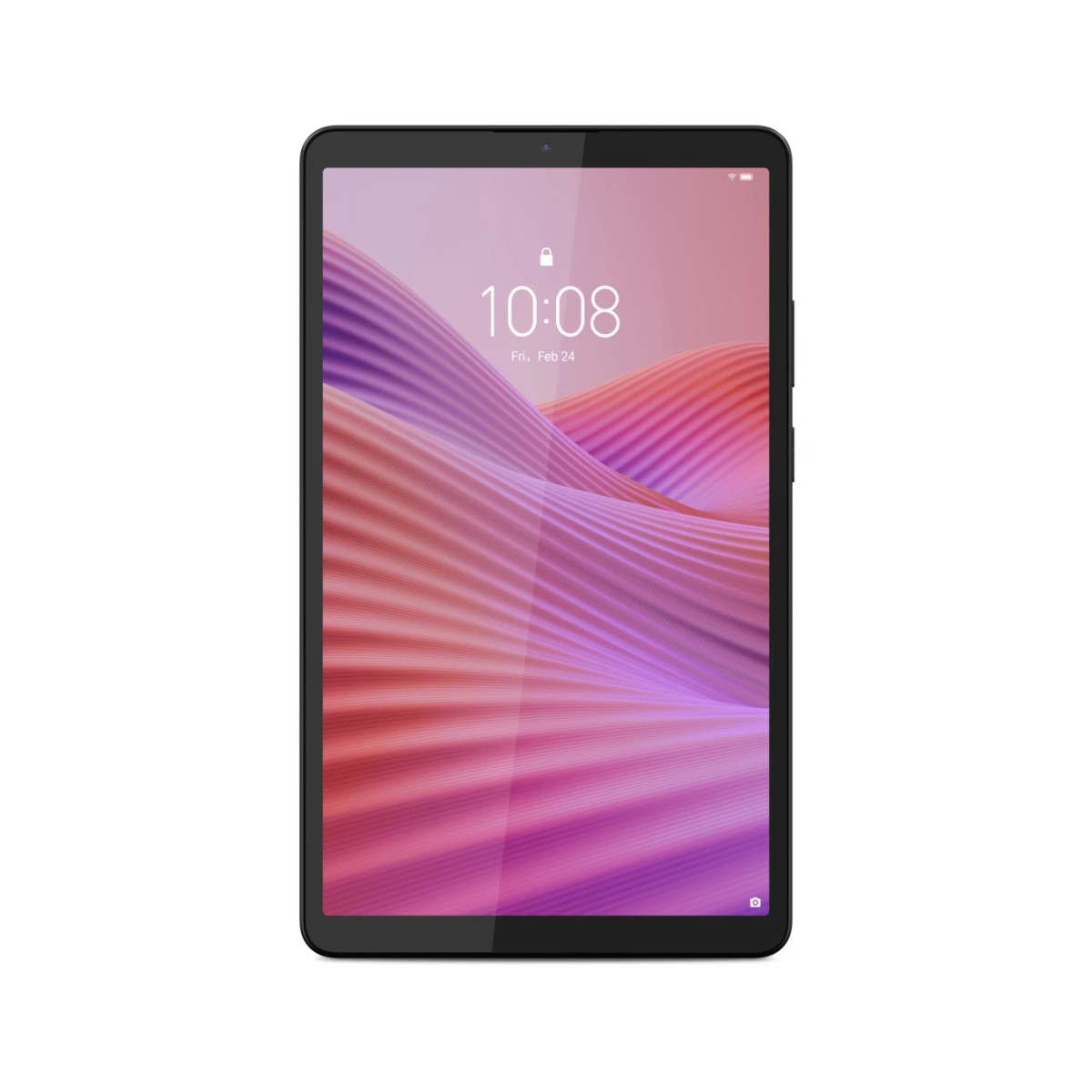 Un tablet visualizza l'ora 10:08, con uno sfondo ondulato e colorato. Il tablet è nero, con una fotocamera frontale.