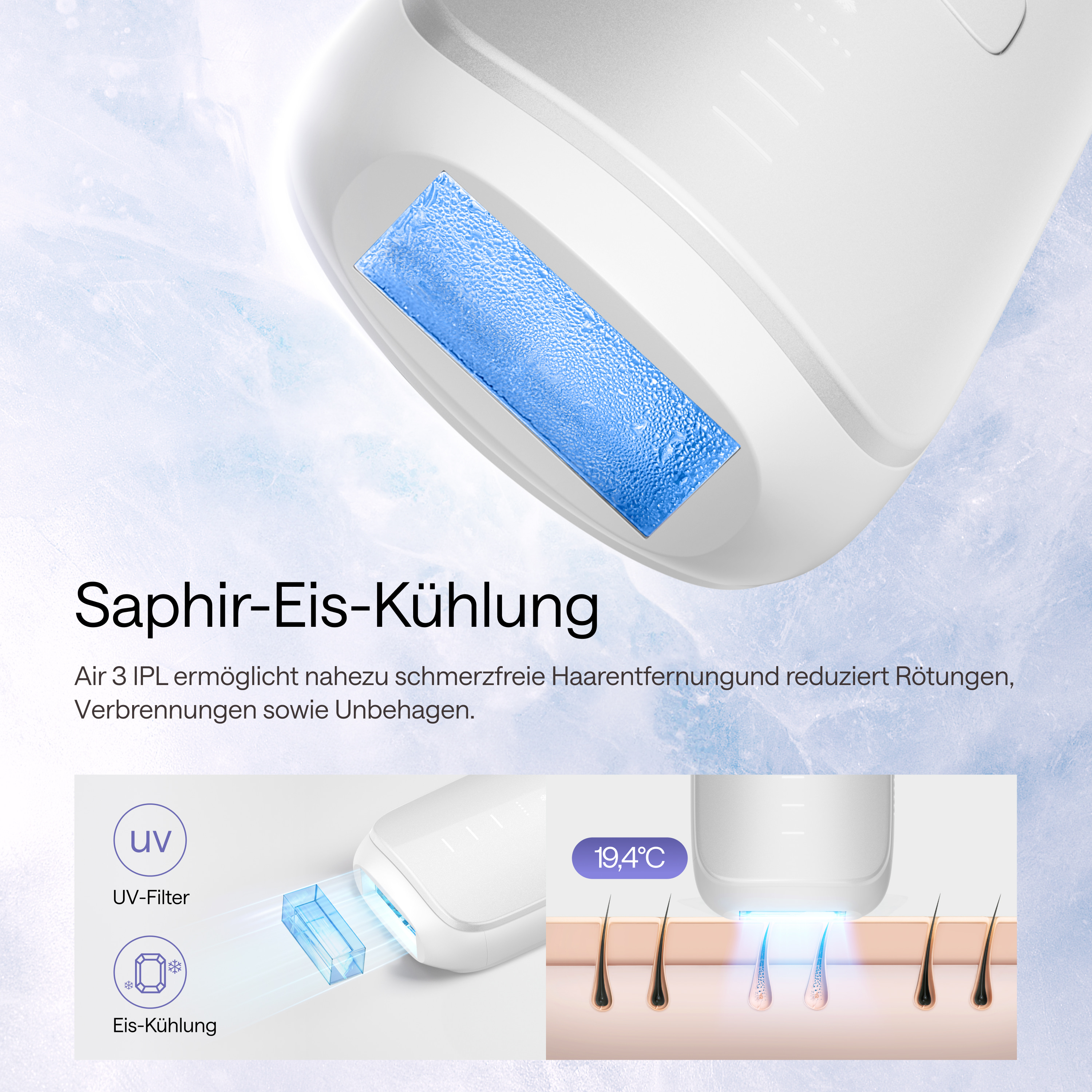 Ein weißes Gerät mit blauem Kühlbereich. Textdetails IPL-Haarentfernungstechnologie und UV-Filter.