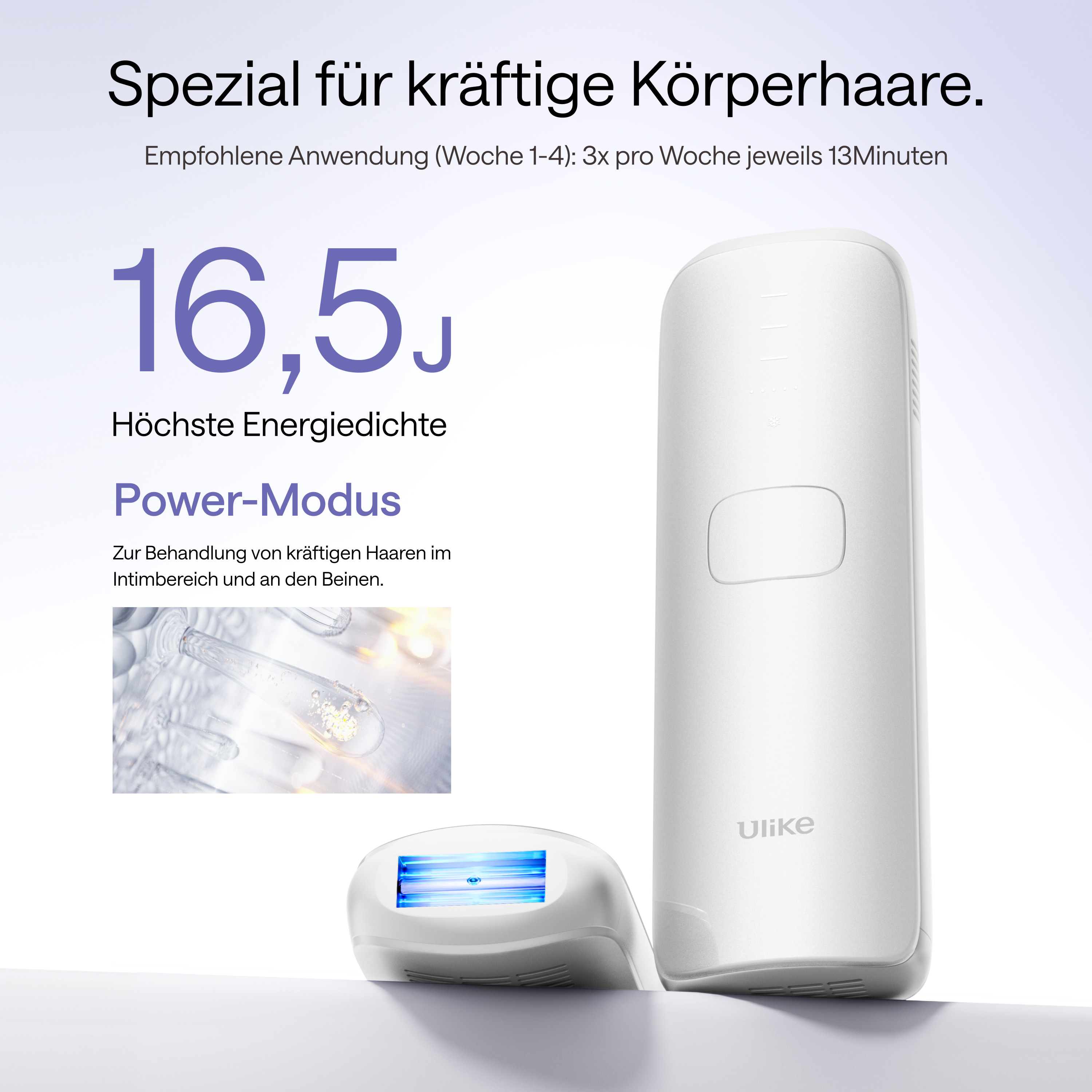 Das Bild zeigt ein weißes Haarentfernungsgerät mit deutschem Text. Das Gerät hat ein blaues Licht.